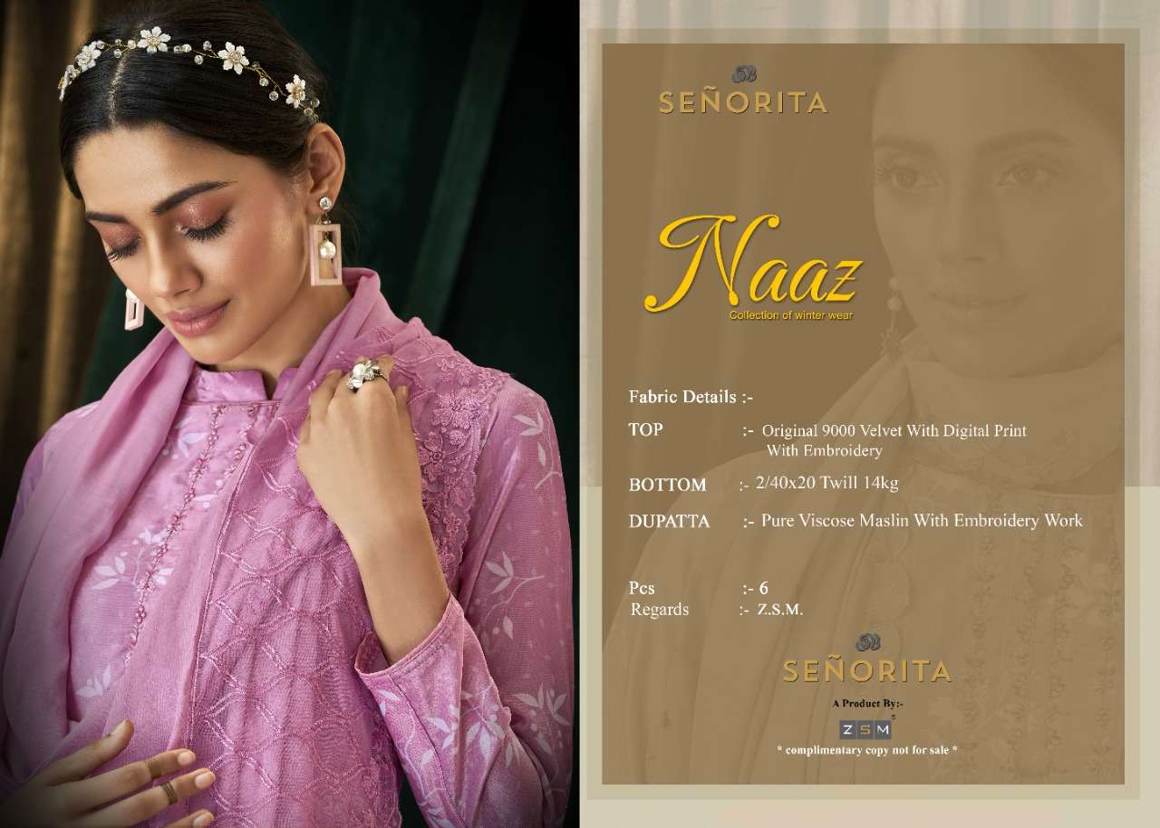 NAAZ BY SENORITA 1001 TO 1006 SERIES STYLISH BEAUTIFUL COLOURFUL PRINTED & EMBROIDERED PARTY WEAR & OCCASIONAL WEAR VELVET DRESSES AT WHOLESALE PRICE