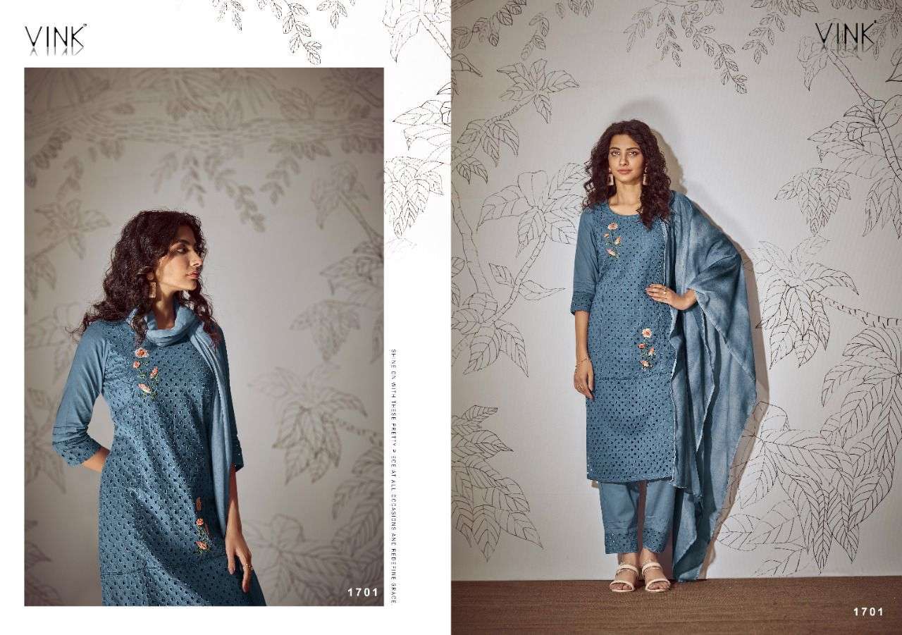 CHIKANKARI VOL-3 BY VINK 1701 TO 1706 SERIES BEAUTIFUL SUITS COLORFUL STYLISH FANCY CASUAL WEAR & ETHNIC WEAR PURE COTTON EMBROIDERED DRESSES AT WHOLESALE PRICE