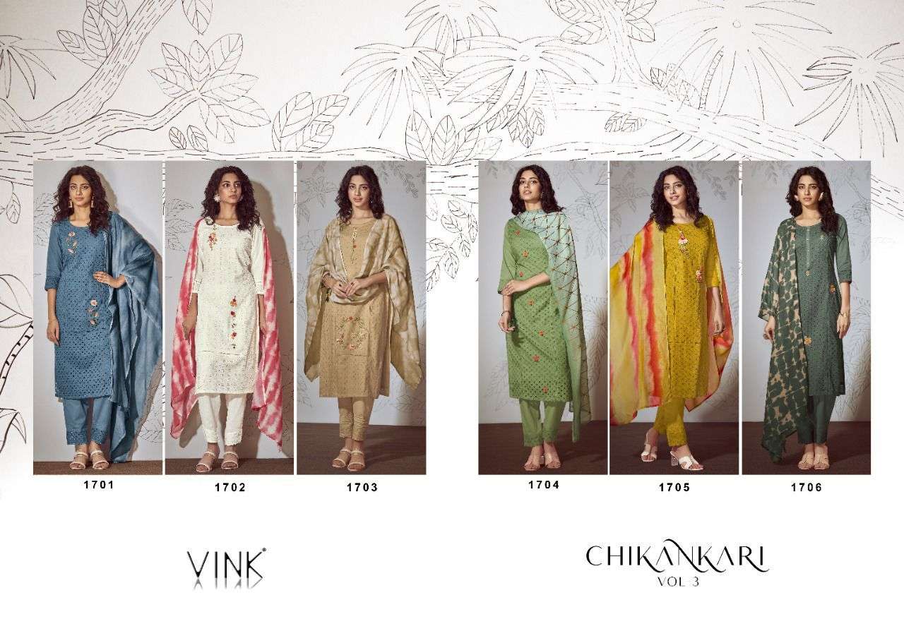 CHIKANKARI VOL-3 BY VINK 1701 TO 1706 SERIES BEAUTIFUL SUITS COLORFUL STYLISH FANCY CASUAL WEAR & ETHNIC WEAR PURE COTTON EMBROIDERED DRESSES AT WHOLESALE PRICE