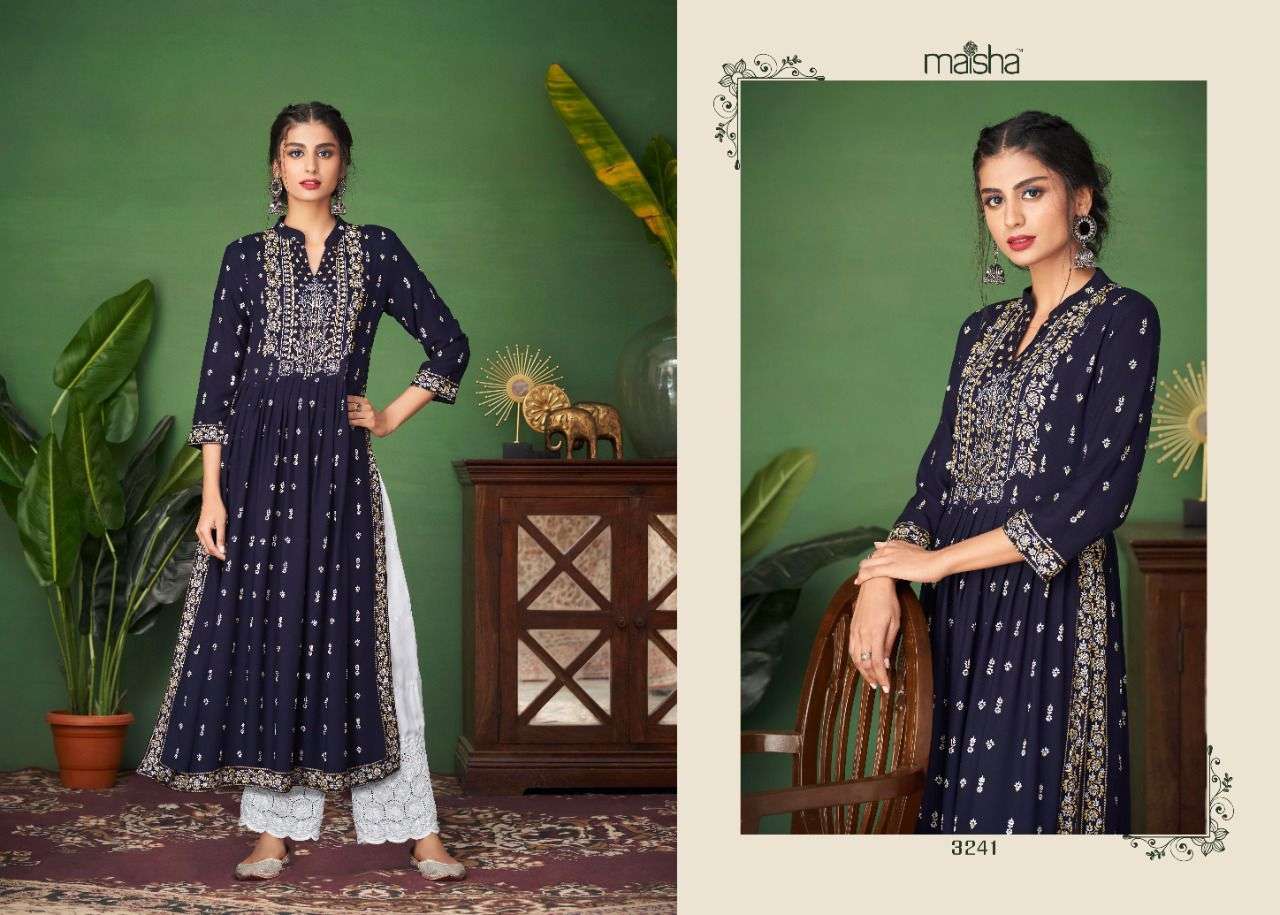 MONSOON VOL-5 BY MAISHA 3241 TO 3245 SERIES DESIGNER STYLISH FANCY COLORFUL BEAUTIFUL PARTY WEAR & ETHNIC WEAR COLLECTION RAYON PRINT KURTIS WITH BOTTOM AT WHOLESALE PRICE