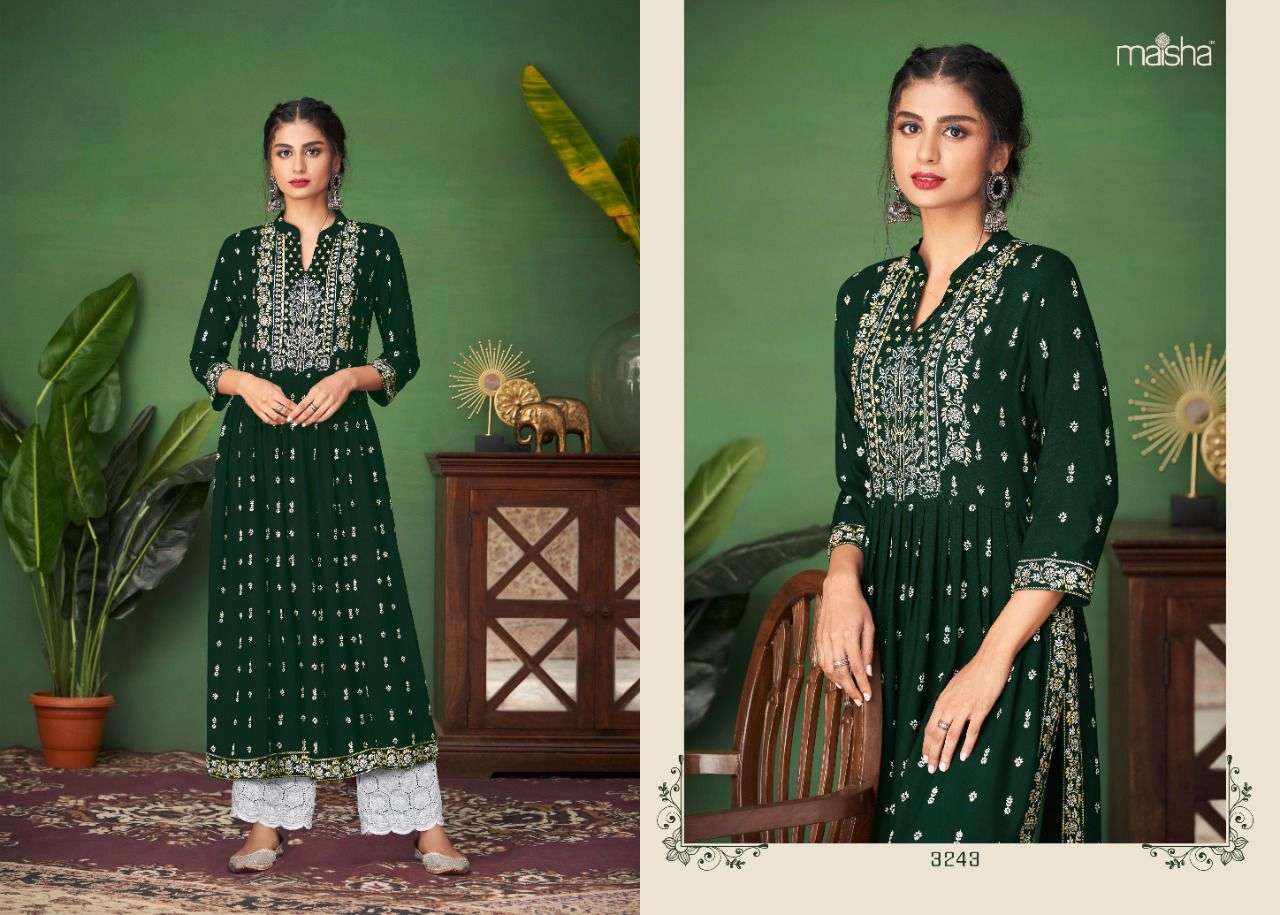 MONSOON VOL-5 BY MAISHA 3241 TO 3245 SERIES DESIGNER STYLISH FANCY COLORFUL BEAUTIFUL PARTY WEAR & ETHNIC WEAR COLLECTION RAYON PRINT KURTIS WITH BOTTOM AT WHOLESALE PRICE