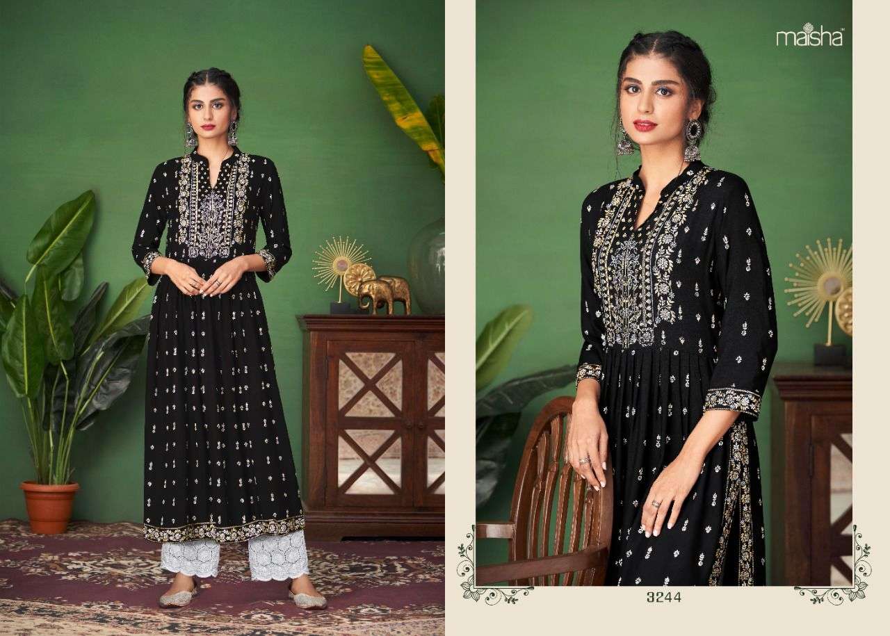 MONSOON VOL-5 BY MAISHA 3241 TO 3245 SERIES DESIGNER STYLISH FANCY COLORFUL BEAUTIFUL PARTY WEAR & ETHNIC WEAR COLLECTION RAYON PRINT KURTIS WITH BOTTOM AT WHOLESALE PRICE