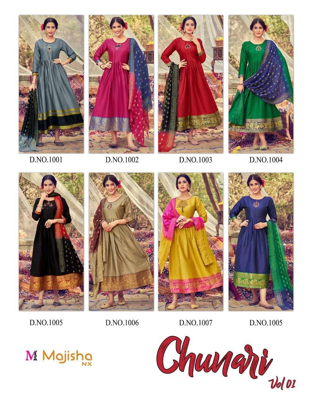 CHUNARI VOL-1 BY MAJISHA NX 1001 TO 1008 SERIES DESIGNER STYLISH FANCY COLORFUL BEAUTIFUL PARTY WEAR & ETHNIC WEAR COLLECTION TAPETA SATIN KURTIS WITH DUPATTA AT WHOLESALE PRICE