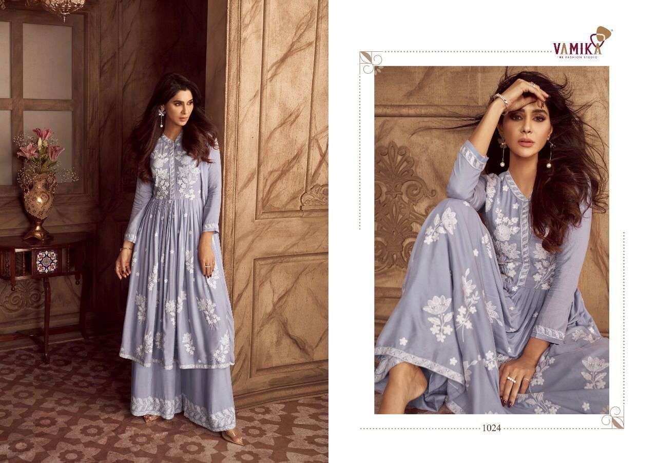 LAKHNAVI VOL-4 BY VAMIKA 1019 TO 1024 SERIES BEAUTIFUL STYLISH SHARARA SUITS FANCY COLORFUL CASUAL WEAR & ETHNIC WEAR & READY TO WEAR PURE RAYON PRINTED DRESSES AT WHOLESALE PRICE