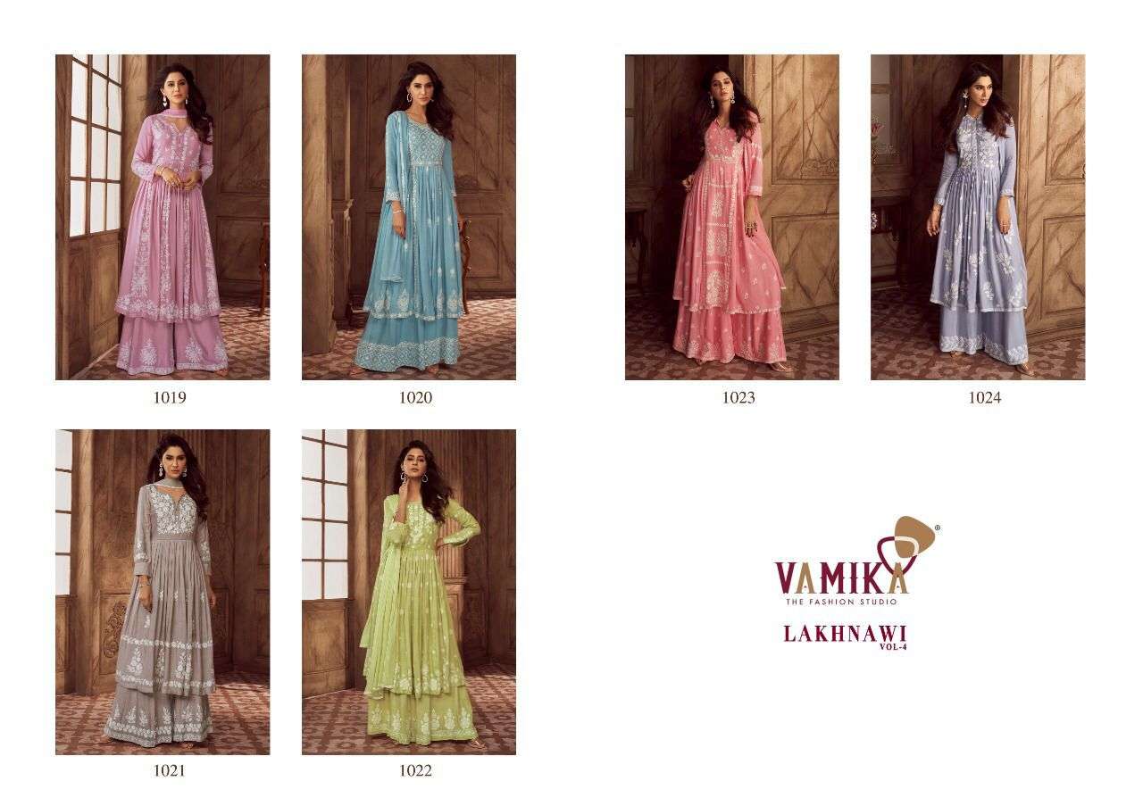 LAKHNAVI VOL-4 BY VAMIKA 1019 TO 1024 SERIES BEAUTIFUL STYLISH SHARARA SUITS FANCY COLORFUL CASUAL WEAR & ETHNIC WEAR & READY TO WEAR PURE RAYON PRINTED DRESSES AT WHOLESALE PRICE