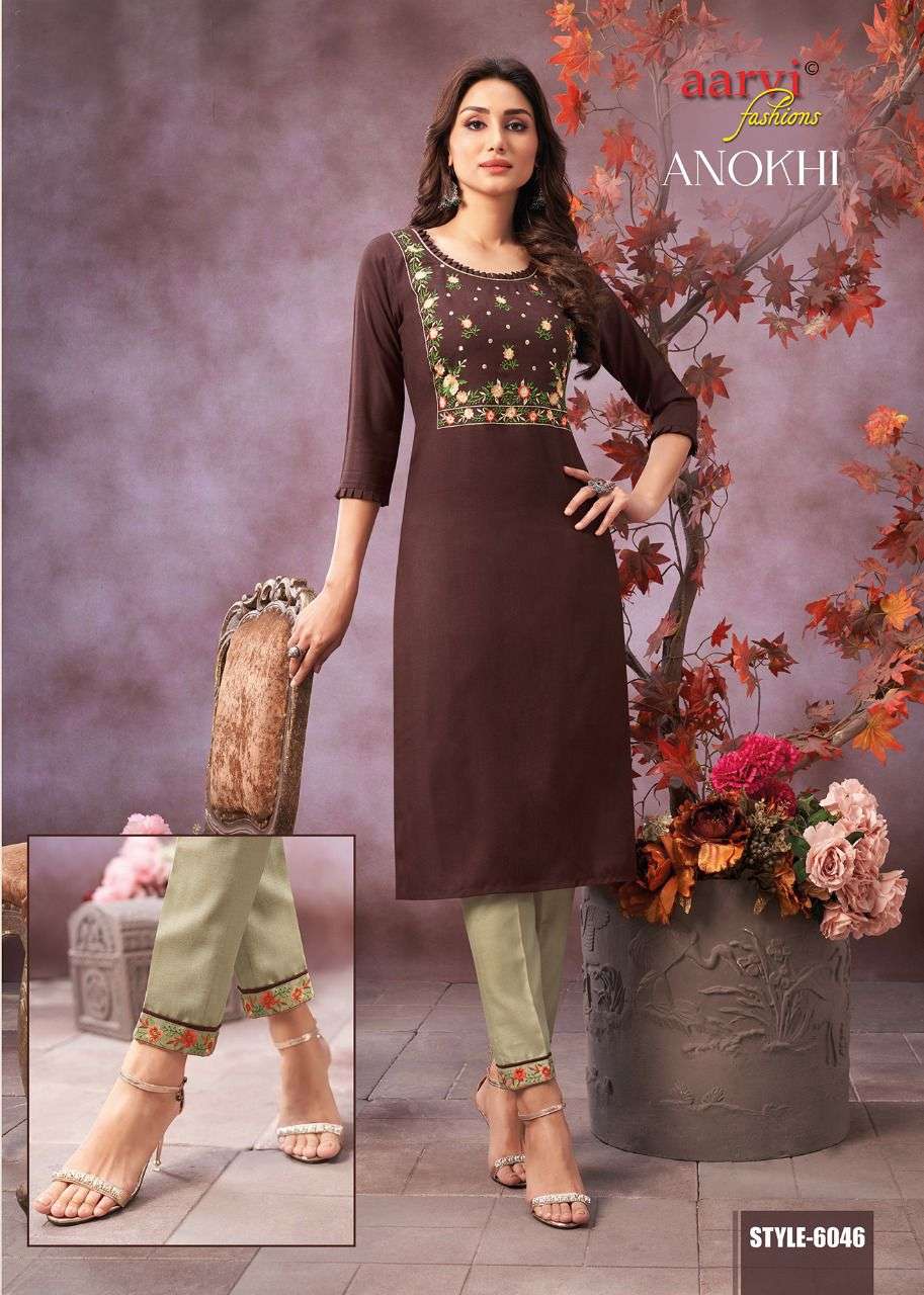 ANOKHI VOL-2 BY AARVI FASHION 6042 TO 6047 SERIES DESIGNER STYLISH FANCY COLORFUL BEAUTIFUL PARTY WEAR & ETHNIC WEAR COLLECTION FANCY KURTIS WITH BOTTOM AT WHOLESALE PRICE