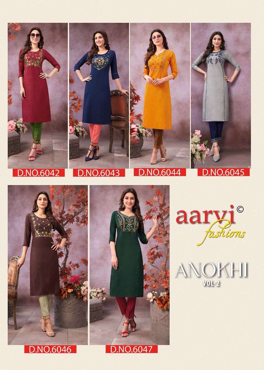 ANOKHI VOL-2 BY AARVI FASHION 6042 TO 6047 SERIES DESIGNER STYLISH FANCY COLORFUL BEAUTIFUL PARTY WEAR & ETHNIC WEAR COLLECTION FANCY KURTIS WITH BOTTOM AT WHOLESALE PRICE