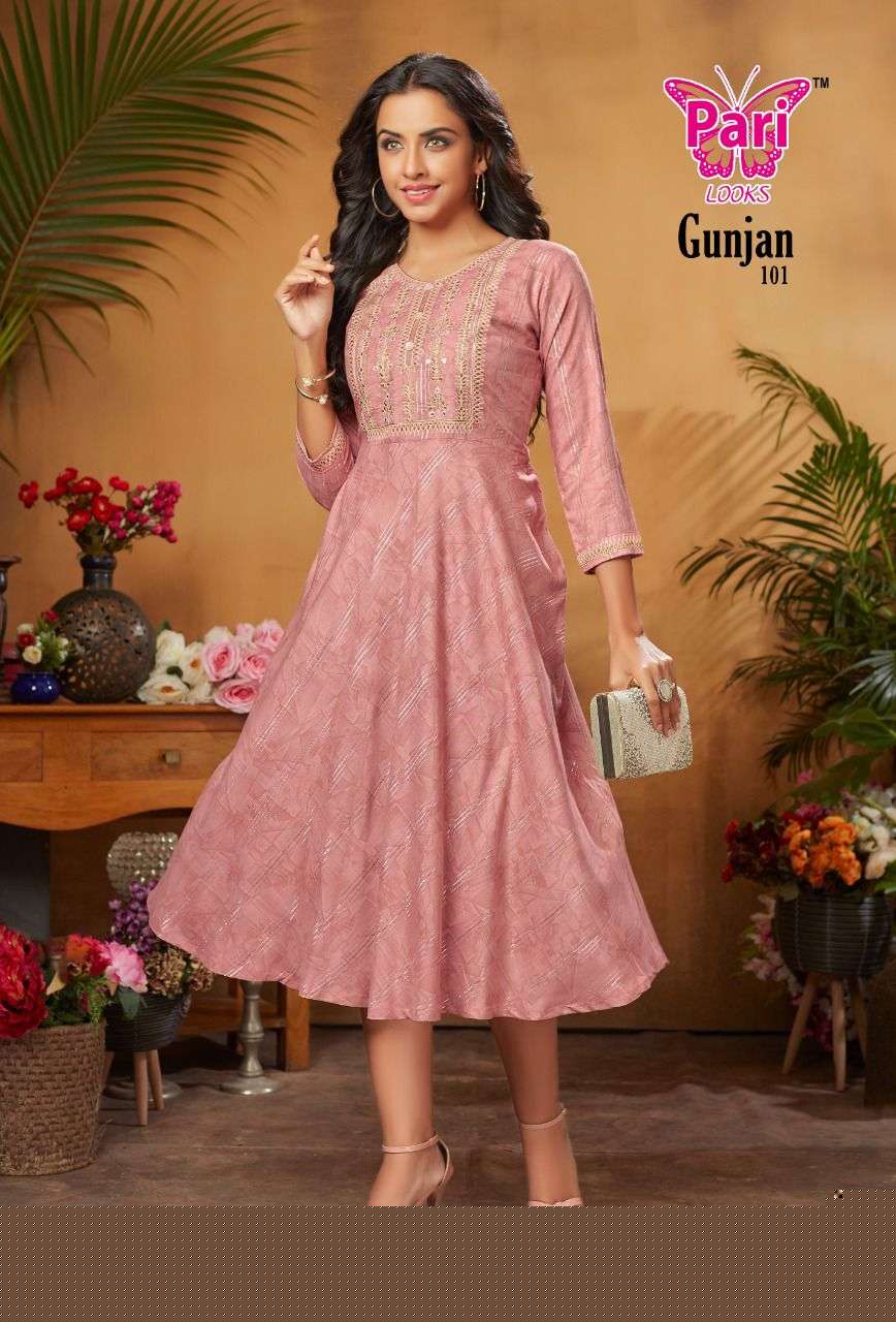 GUNJAN BY PARI 101 TO 108 SERIES DESIGNER STYLISH FANCY COLORFUL BEAUTIFUL PARTY WEAR & ETHNIC WEAR COLLECTION RAYON PRINT KURTIS AT WHOLESALE PRICE
