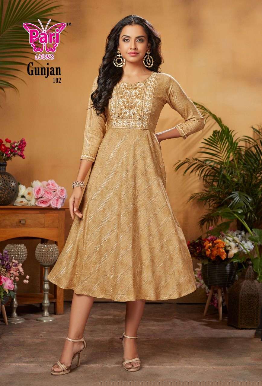 GUNJAN BY PARI 101 TO 108 SERIES DESIGNER STYLISH FANCY COLORFUL BEAUTIFUL PARTY WEAR & ETHNIC WEAR COLLECTION RAYON PRINT KURTIS AT WHOLESALE PRICE