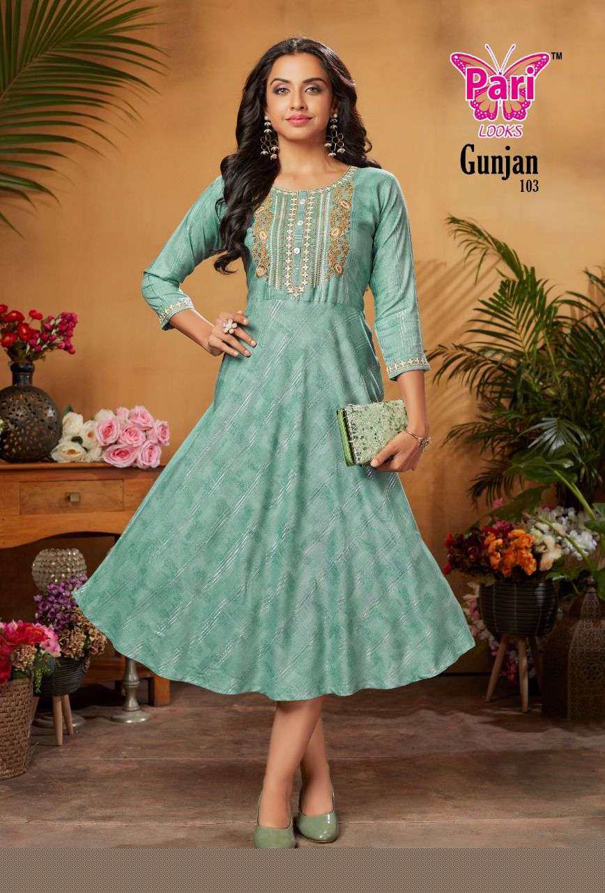 GUNJAN BY PARI 101 TO 108 SERIES DESIGNER STYLISH FANCY COLORFUL BEAUTIFUL PARTY WEAR & ETHNIC WEAR COLLECTION RAYON PRINT KURTIS AT WHOLESALE PRICE