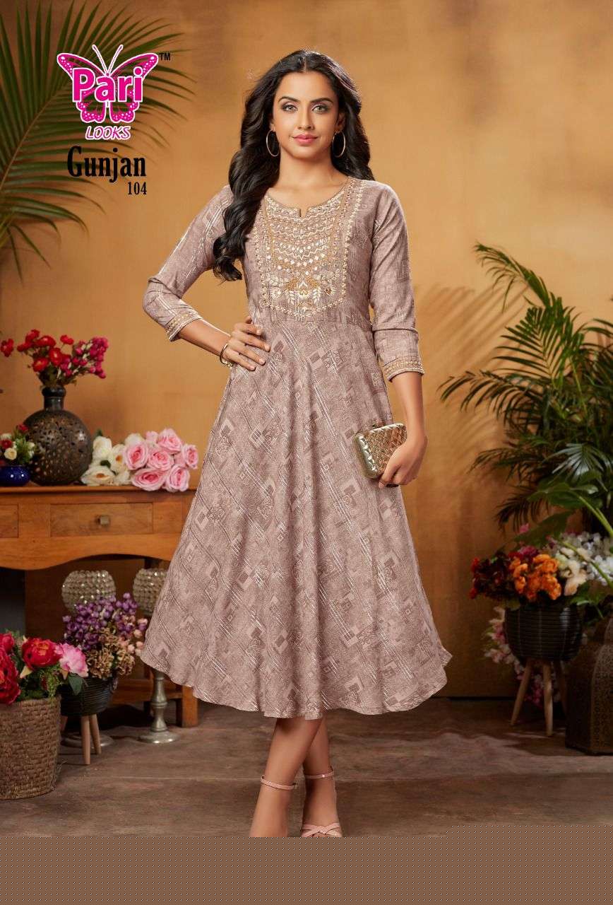 GUNJAN BY PARI 101 TO 108 SERIES DESIGNER STYLISH FANCY COLORFUL BEAUTIFUL PARTY WEAR & ETHNIC WEAR COLLECTION RAYON PRINT KURTIS AT WHOLESALE PRICE