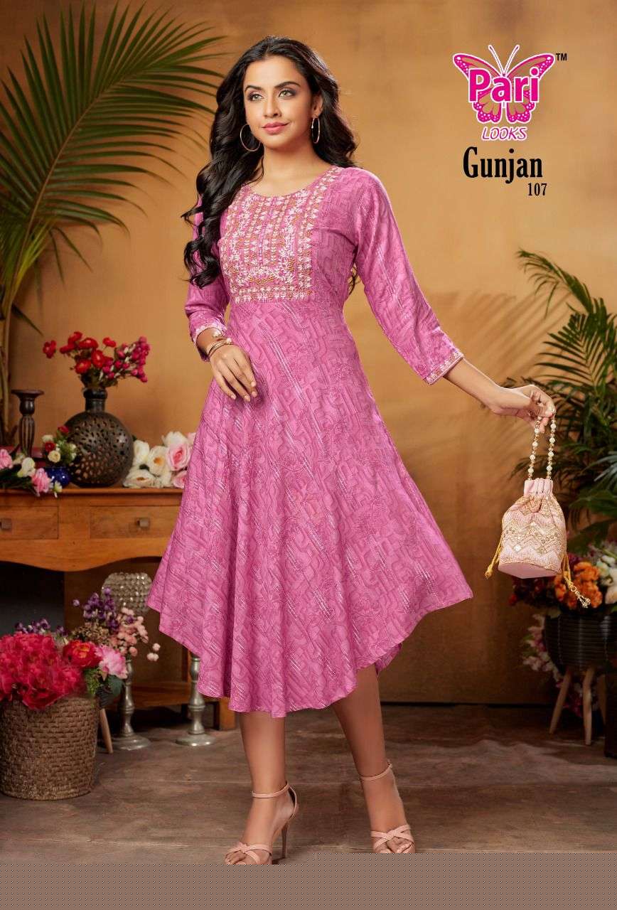GUNJAN BY PARI 101 TO 108 SERIES DESIGNER STYLISH FANCY COLORFUL BEAUTIFUL PARTY WEAR & ETHNIC WEAR COLLECTION RAYON PRINT KURTIS AT WHOLESALE PRICE