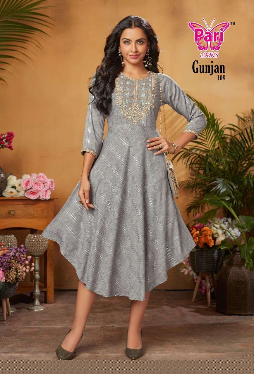GUNJAN BY PARI 101 TO 108 SERIES DESIGNER STYLISH FANCY COLORFUL BEAUTIFUL PARTY WEAR & ETHNIC WEAR COLLECTION RAYON PRINT KURTIS AT WHOLESALE PRICE