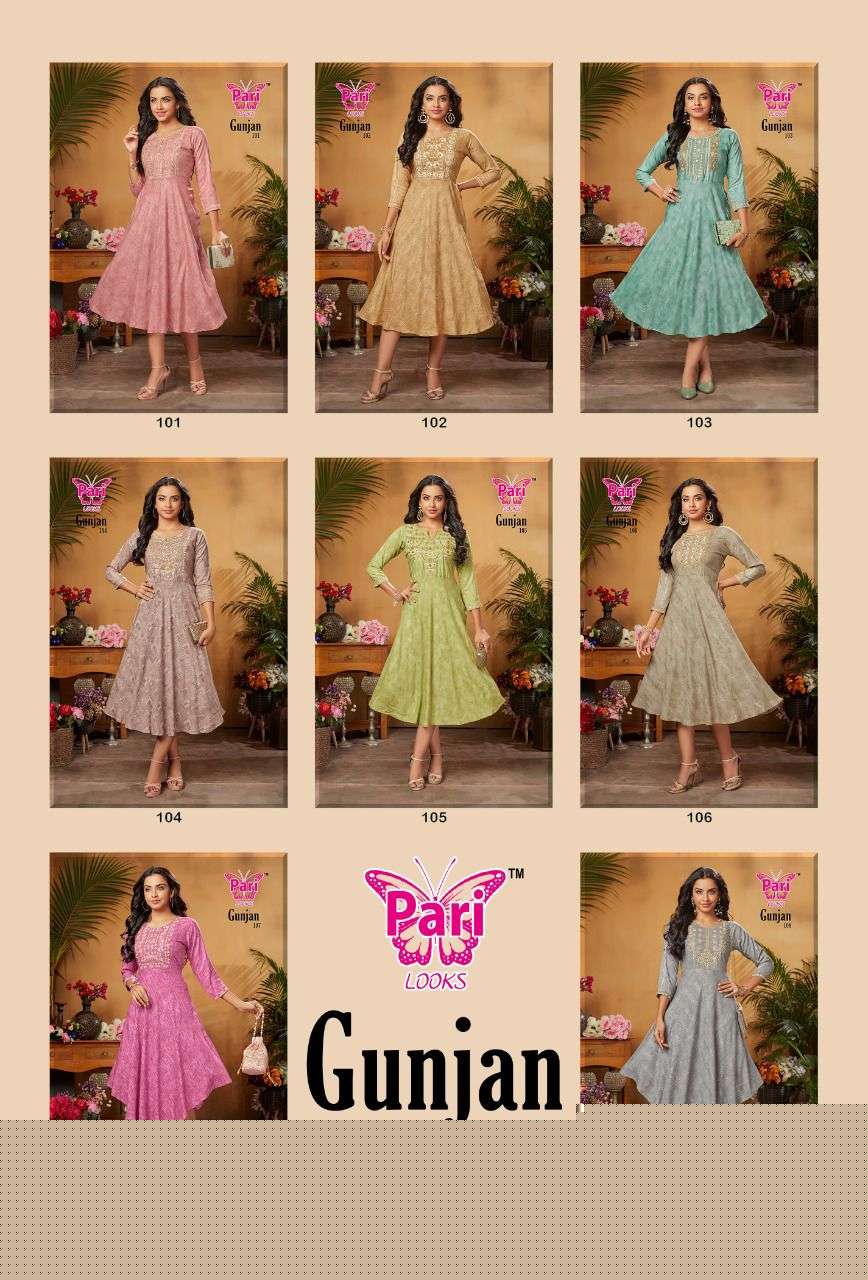 GUNJAN BY PARI 101 TO 108 SERIES DESIGNER STYLISH FANCY COLORFUL BEAUTIFUL PARTY WEAR & ETHNIC WEAR COLLECTION RAYON PRINT KURTIS AT WHOLESALE PRICE