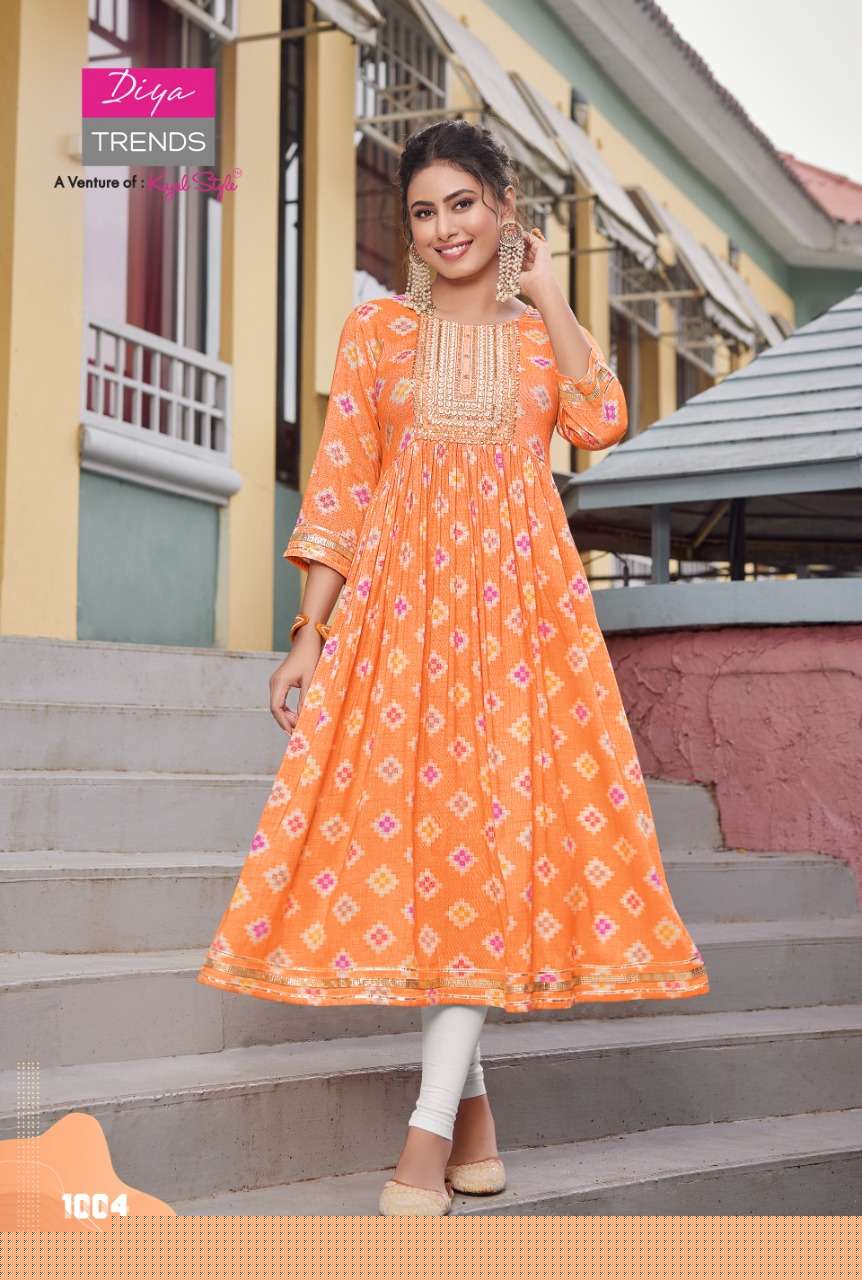 COLOUR FLAIR VOL-1 BY DIYA TRENDS 1001 TO 1009 SERIES DESIGNER STYLISH FANCY COLORFUL BEAUTIFUL PARTY WEAR & ETHNIC WEAR COLLECTION RAYON KURTIS AT WHOLESALE PRICE