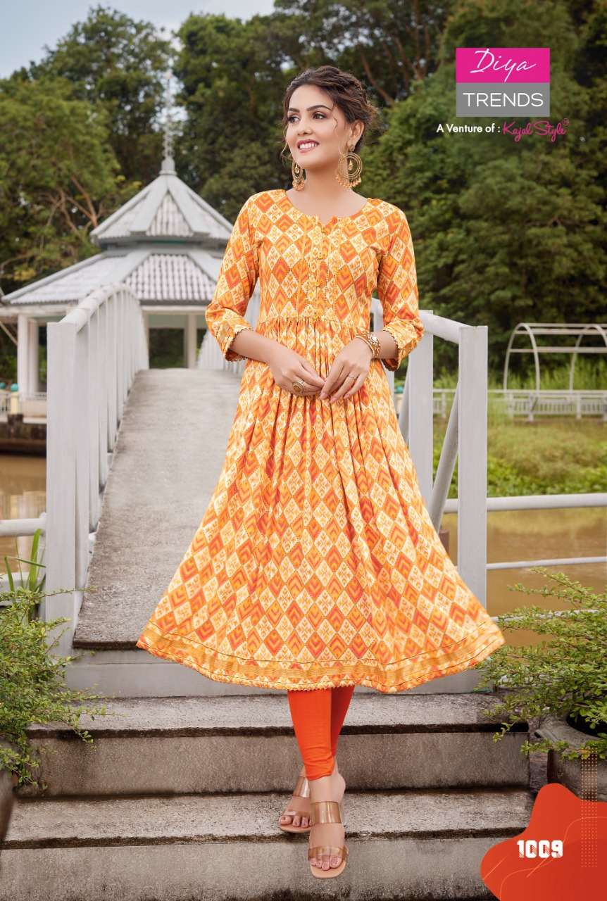 COLOUR FLAIR VOL-1 BY DIYA TRENDS 1001 TO 1009 SERIES DESIGNER STYLISH FANCY COLORFUL BEAUTIFUL PARTY WEAR & ETHNIC WEAR COLLECTION RAYON KURTIS AT WHOLESALE PRICE