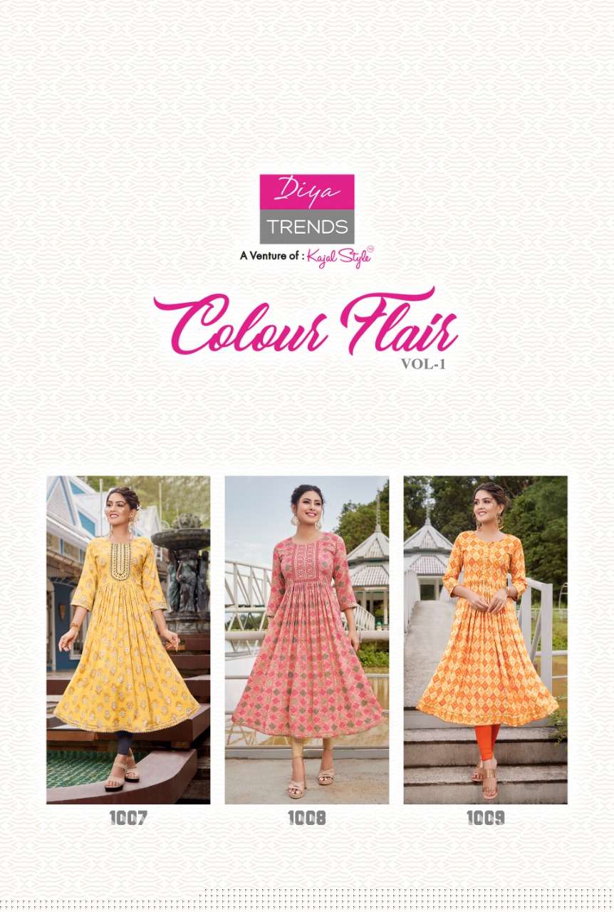 COLOUR FLAIR VOL-1 BY DIYA TRENDS 1001 TO 1009 SERIES DESIGNER STYLISH FANCY COLORFUL BEAUTIFUL PARTY WEAR & ETHNIC WEAR COLLECTION RAYON KURTIS AT WHOLESALE PRICE