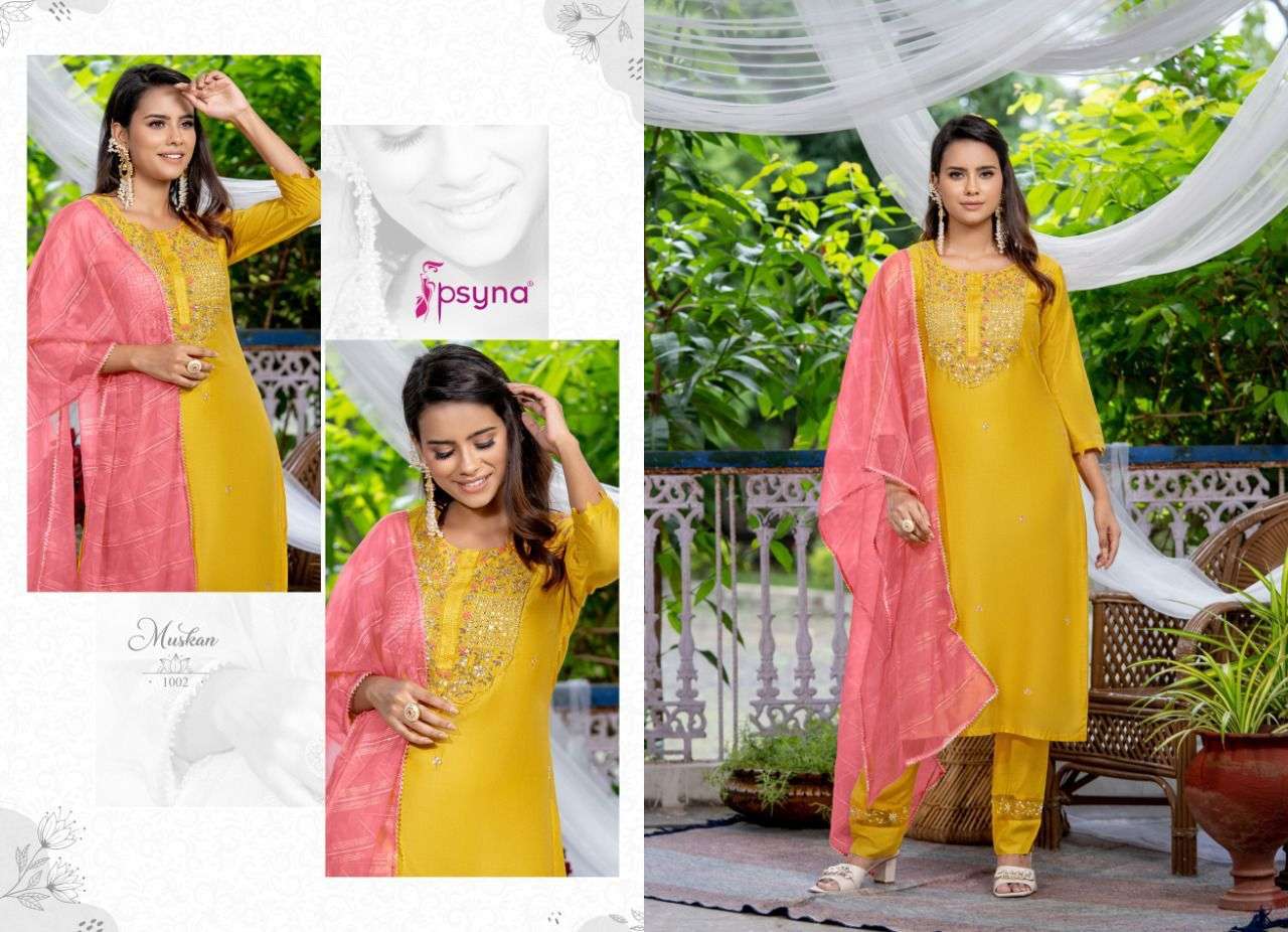 MUSKAN BY PSYNA 1001 TO 1006 SERIES BEAUTIFUL STYLISH SUITS FANCY COLORFUL CASUAL WEAR & ETHNIC WEAR & READY TO WEAR CHANDERI EMBROIDERED DRESSES AT WHOLESALE PRICE