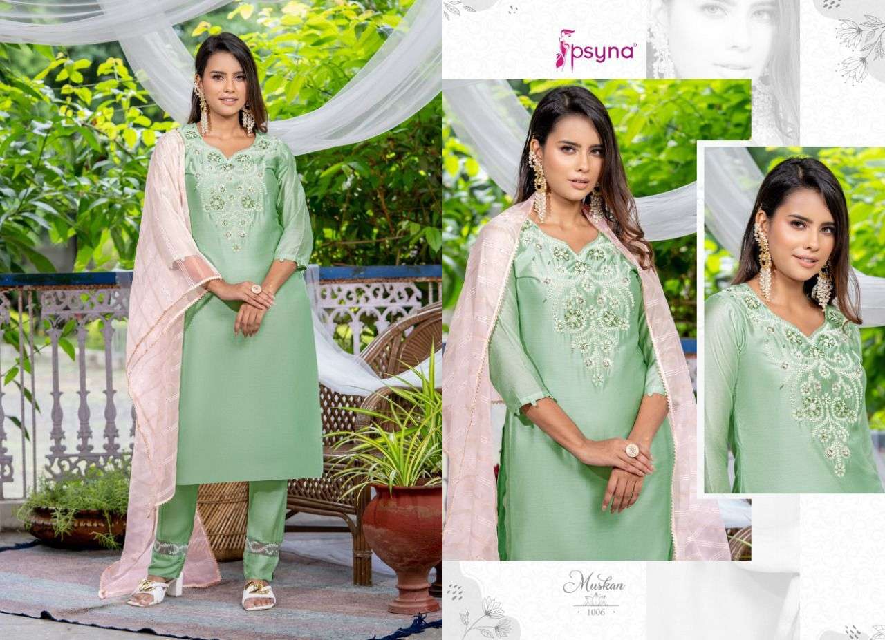 MUSKAN BY PSYNA 1001 TO 1006 SERIES BEAUTIFUL STYLISH SUITS FANCY COLORFUL CASUAL WEAR & ETHNIC WEAR & READY TO WEAR CHANDERI EMBROIDERED DRESSES AT WHOLESALE PRICE