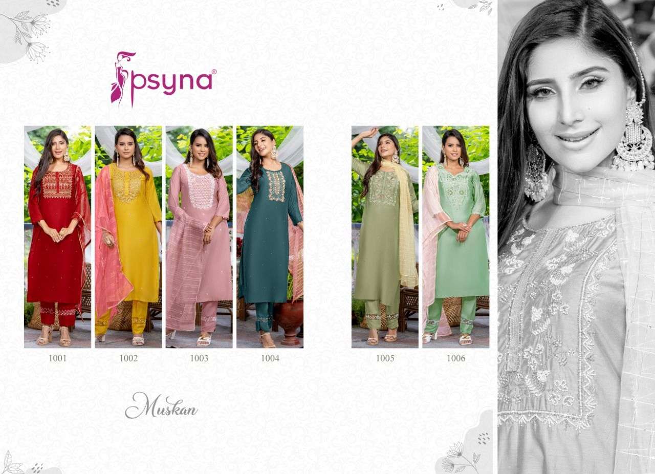 MUSKAN BY PSYNA 1001 TO 1006 SERIES BEAUTIFUL STYLISH SUITS FANCY COLORFUL CASUAL WEAR & ETHNIC WEAR & READY TO WEAR CHANDERI EMBROIDERED DRESSES AT WHOLESALE PRICE