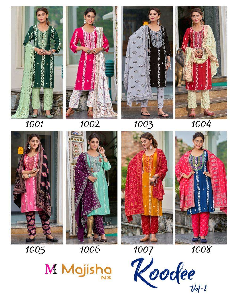 KOODEE VOL-1 BY MAJISHA NX 1001 TO 1008 SERIES BEAUTIFUL SUITS COLORFUL STYLISH FANCY CASUAL WEAR & ETHNIC WEAR PURE RAYON PRINT DRESSES AT WHOLESALE PRICE