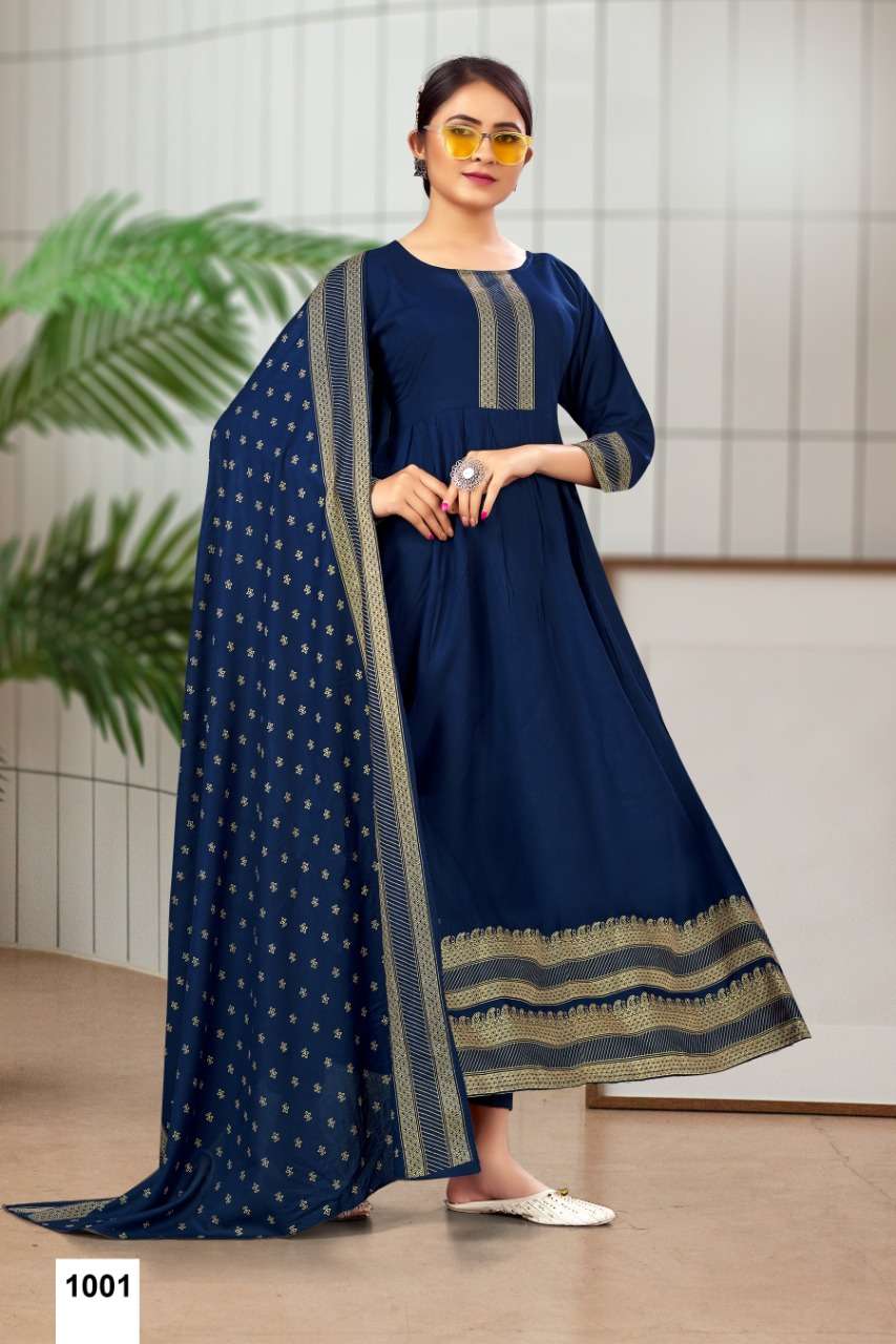 MONIKA BY JINESH NX 1001 TO 1008 SERIES DESIGNER STYLISH FANCY COLORFUL BEAUTIFUL PARTY WEAR & ETHNIC WEAR COLLECTION RAYON FOIL PRINT GOWN WITH DUPATTA AT WHOLESALE PRICE