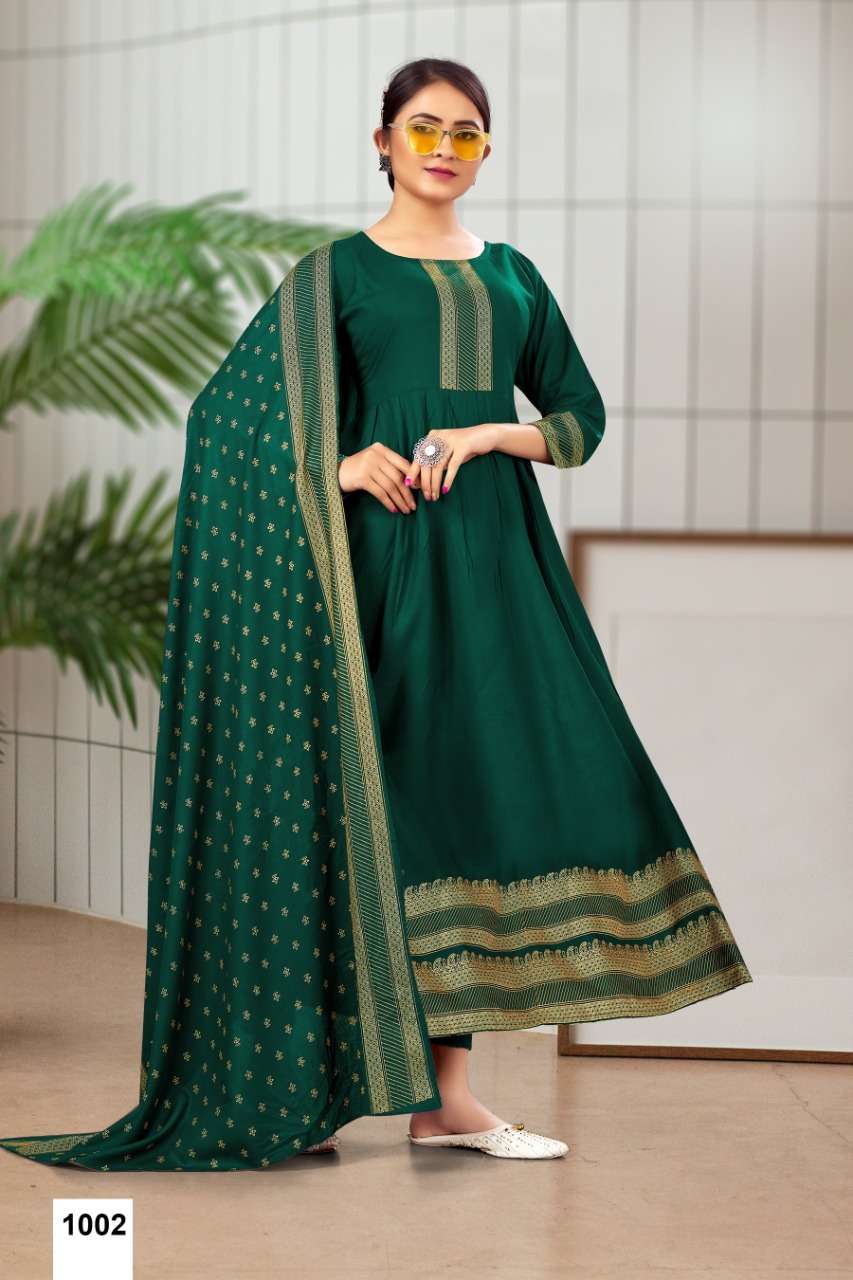 MONIKA BY JINESH NX 1001 TO 1008 SERIES DESIGNER STYLISH FANCY COLORFUL BEAUTIFUL PARTY WEAR & ETHNIC WEAR COLLECTION RAYON FOIL PRINT GOWN WITH DUPATTA AT WHOLESALE PRICE