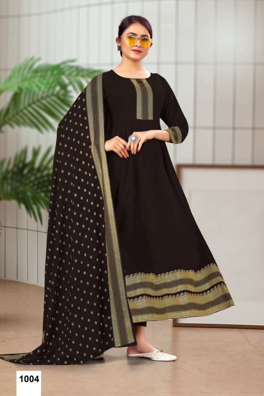 MONIKA BY JINESH NX 1001 TO 1008 SERIES DESIGNER STYLISH FANCY COLORFUL BEAUTIFUL PARTY WEAR & ETHNIC WEAR COLLECTION RAYON FOIL PRINT GOWN WITH DUPATTA AT WHOLESALE PRICE