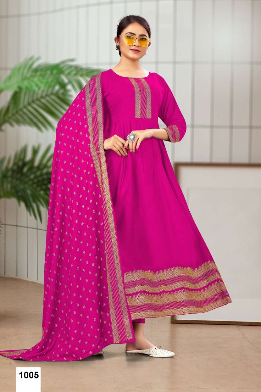 MONIKA BY JINESH NX 1001 TO 1008 SERIES DESIGNER STYLISH FANCY COLORFUL BEAUTIFUL PARTY WEAR & ETHNIC WEAR COLLECTION RAYON FOIL PRINT GOWN WITH DUPATTA AT WHOLESALE PRICE
