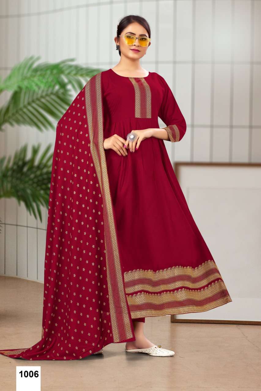 MONIKA BY JINESH NX 1001 TO 1008 SERIES DESIGNER STYLISH FANCY COLORFUL BEAUTIFUL PARTY WEAR & ETHNIC WEAR COLLECTION RAYON FOIL PRINT GOWN WITH DUPATTA AT WHOLESALE PRICE
