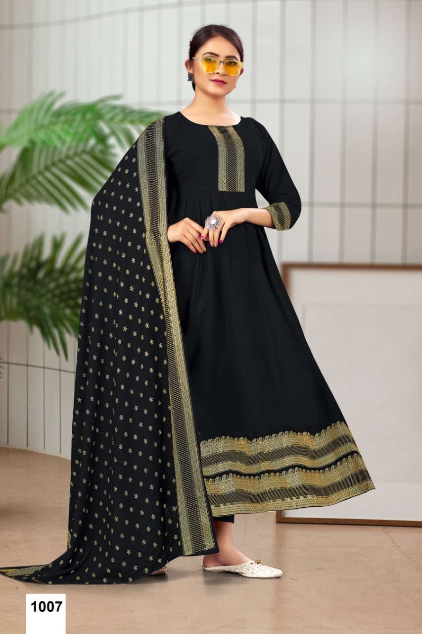 MONIKA BY JINESH NX 1001 TO 1008 SERIES DESIGNER STYLISH FANCY COLORFUL BEAUTIFUL PARTY WEAR & ETHNIC WEAR COLLECTION RAYON FOIL PRINT GOWN WITH DUPATTA AT WHOLESALE PRICE