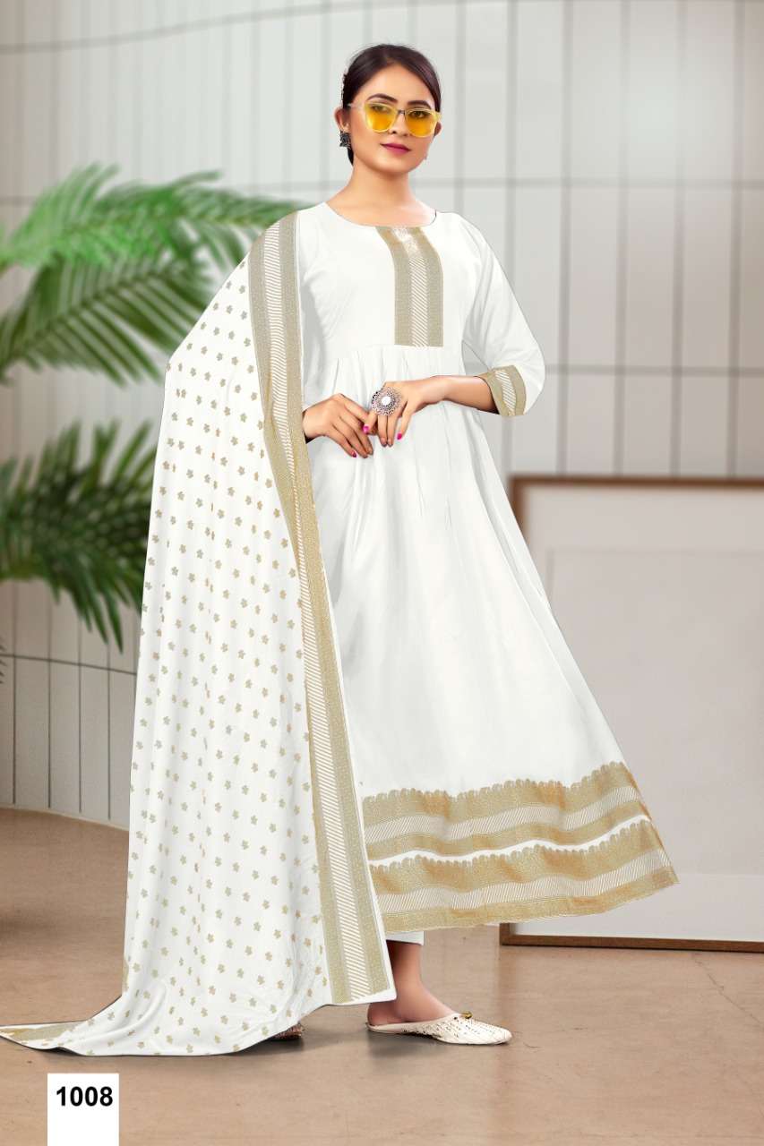 MONIKA BY JINESH NX 1001 TO 1008 SERIES DESIGNER STYLISH FANCY COLORFUL BEAUTIFUL PARTY WEAR & ETHNIC WEAR COLLECTION RAYON FOIL PRINT GOWN WITH DUPATTA AT WHOLESALE PRICE