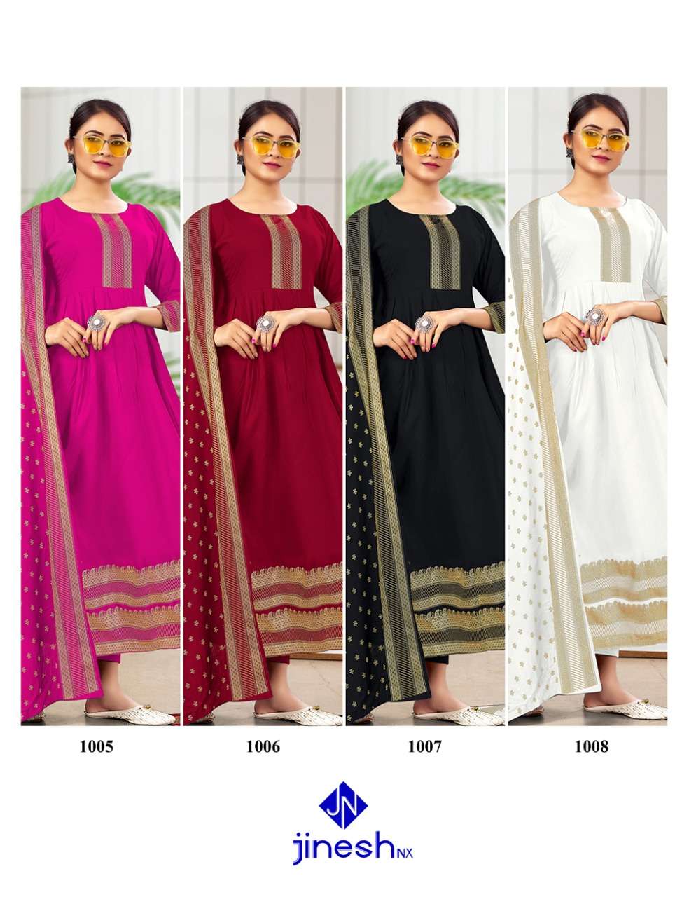 MONIKA BY JINESH NX 1001 TO 1008 SERIES DESIGNER STYLISH FANCY COLORFUL BEAUTIFUL PARTY WEAR & ETHNIC WEAR COLLECTION RAYON FOIL PRINT GOWN WITH DUPATTA AT WHOLESALE PRICE