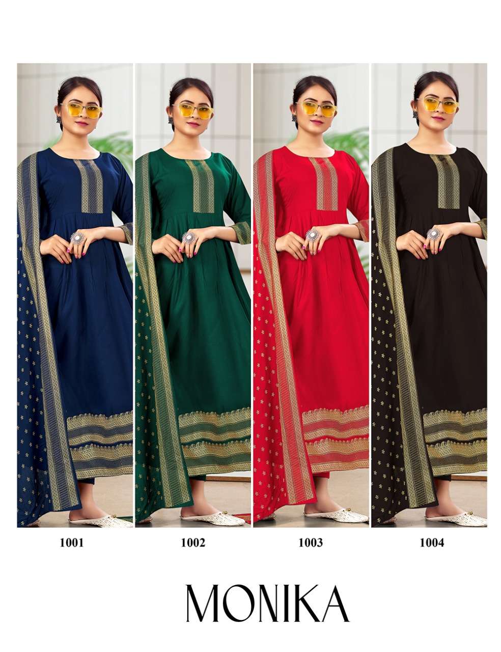 MONIKA BY JINESH NX 1001 TO 1008 SERIES DESIGNER STYLISH FANCY COLORFUL BEAUTIFUL PARTY WEAR & ETHNIC WEAR COLLECTION RAYON FOIL PRINT GOWN WITH DUPATTA AT WHOLESALE PRICE
