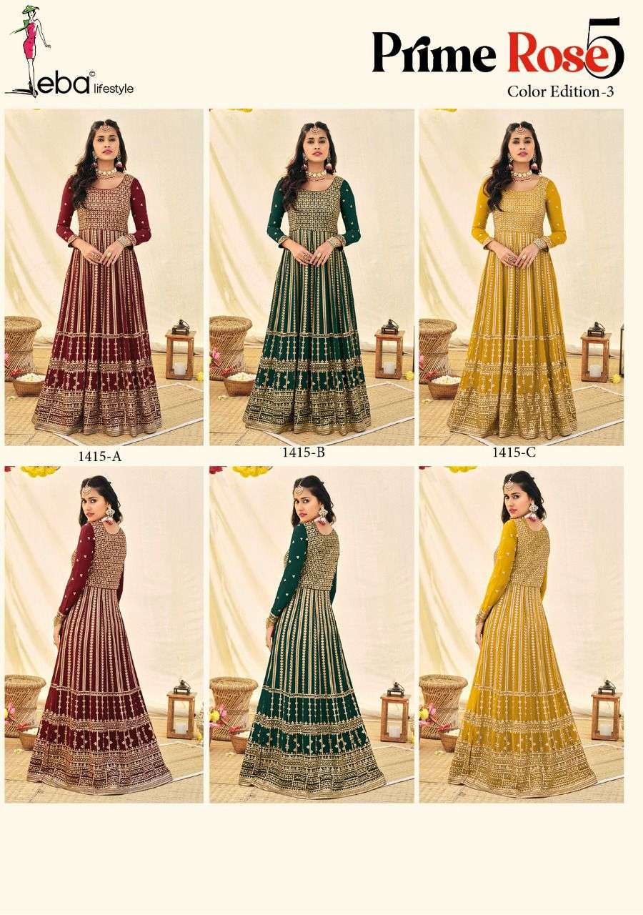 PRIME ROSE VOL-5 COLOUR EDITION-3 BY EBA LIFESTYLE 1415-A TO 1415-C SERIES BEAUTIFUL ANARKALI SUITS STYLISH FANCY COLORFUL PARTY WEAR & OCCASIONAL WEAR PURE GEORTGETTE WITH EMBROIDERY DRESSES AT WHOLESALE PRICE