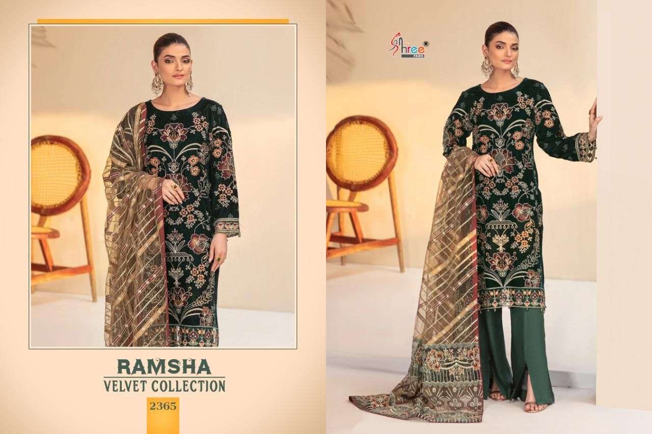 RAMSHA VELVET COLLECTION BY SHREE FABS 2365 TO 2369 SERIES DESIGNER PAKISTANI SUITS BEAUTIFUL FANCY STYLISH COLORFUL PARTY WEAR & OCCASIONAL WEAR PURE VELVET WITH EMBROIDERY DRESSES AT WHOLESALE PRICE