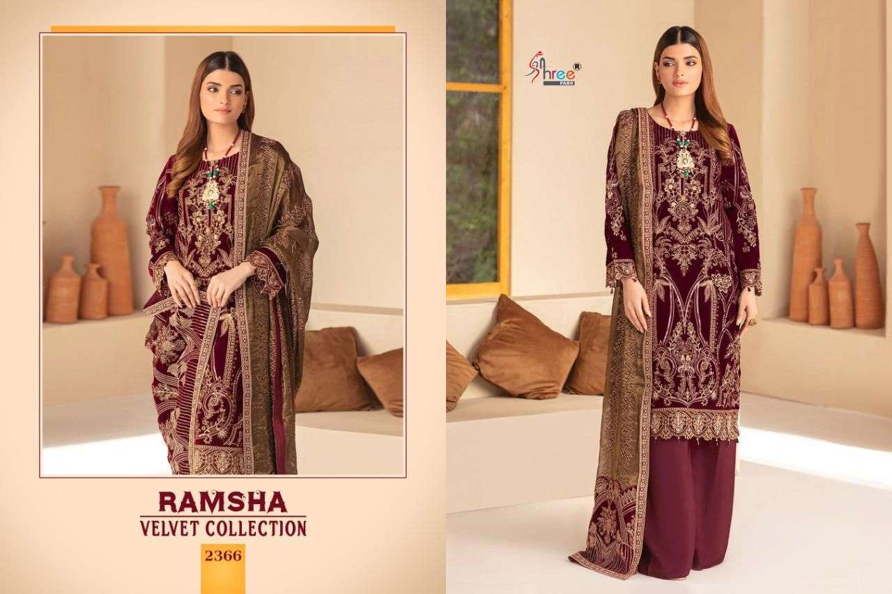 RAMSHA VELVET COLLECTION BY SHREE FABS 2365 TO 2369 SERIES DESIGNER PAKISTANI SUITS BEAUTIFUL FANCY STYLISH COLORFUL PARTY WEAR & OCCASIONAL WEAR PURE VELVET WITH EMBROIDERY DRESSES AT WHOLESALE PRICE
