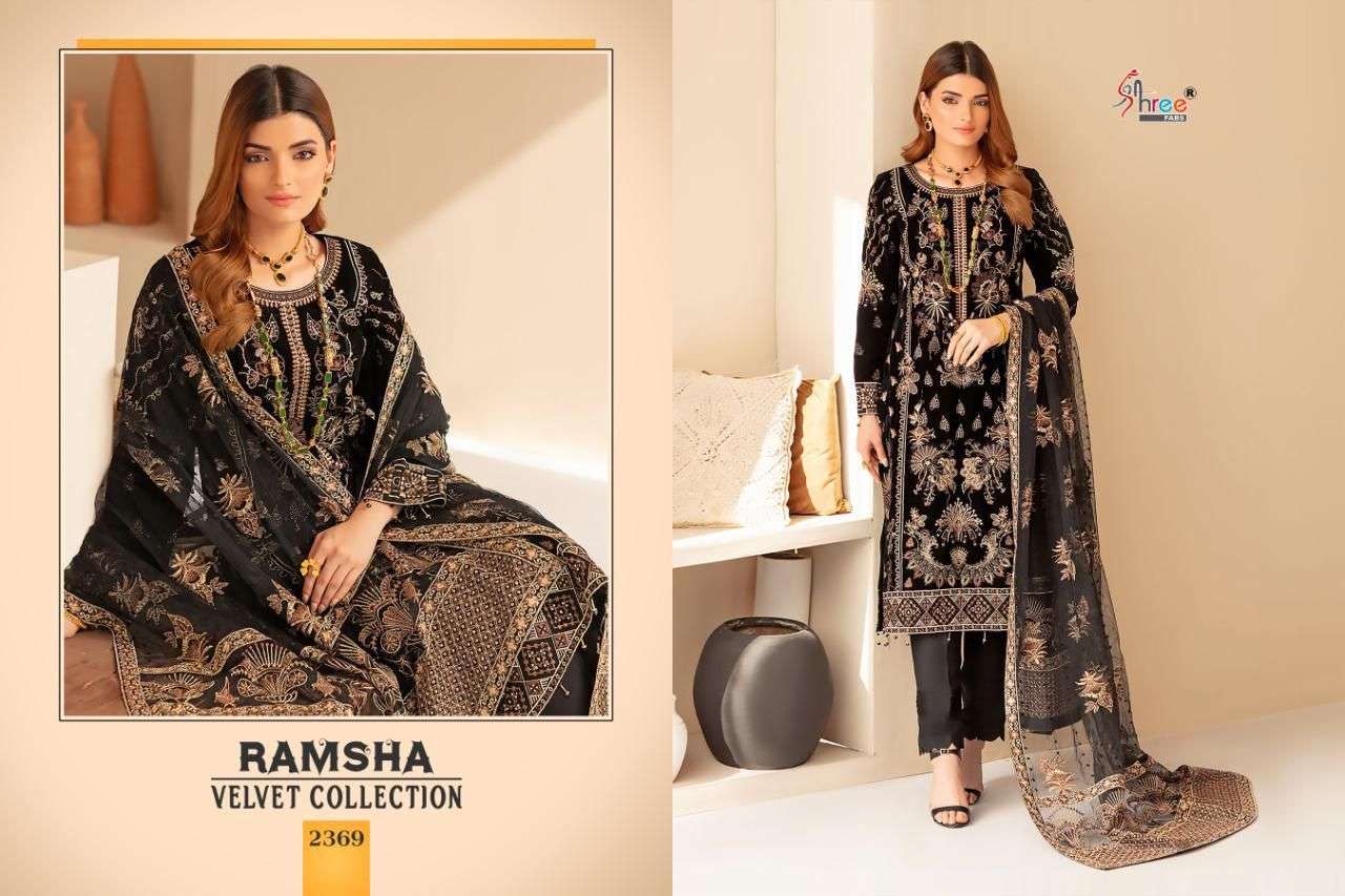 RAMSHA VELVET COLLECTION BY SHREE FABS 2365 TO 2369 SERIES DESIGNER PAKISTANI SUITS BEAUTIFUL FANCY STYLISH COLORFUL PARTY WEAR & OCCASIONAL WEAR PURE VELVET WITH EMBROIDERY DRESSES AT WHOLESALE PRICE