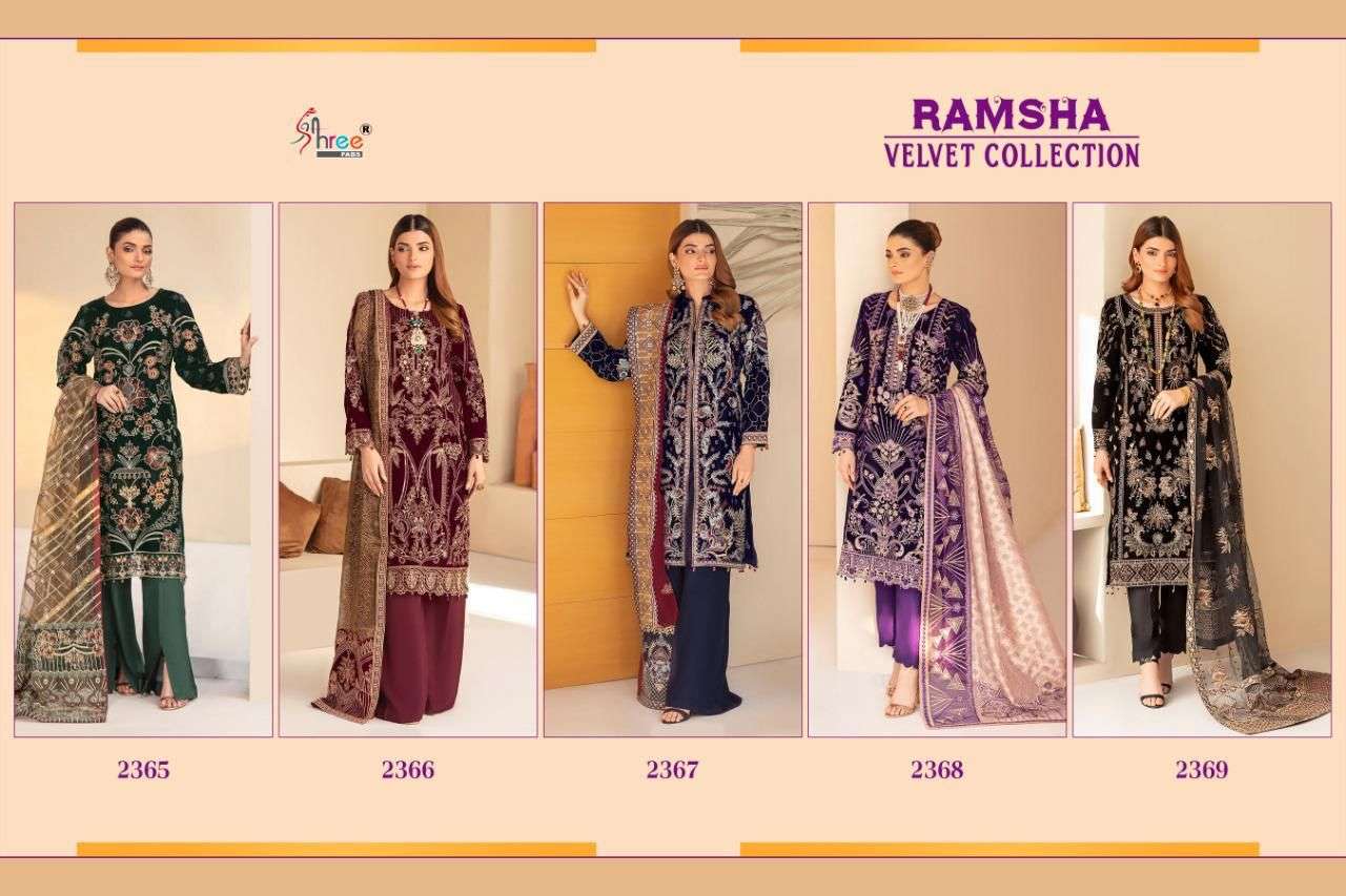 RAMSHA VELVET COLLECTION BY SHREE FABS 2365 TO 2369 SERIES DESIGNER PAKISTANI SUITS BEAUTIFUL FANCY STYLISH COLORFUL PARTY WEAR & OCCASIONAL WEAR PURE VELVET WITH EMBROIDERY DRESSES AT WHOLESALE PRICE