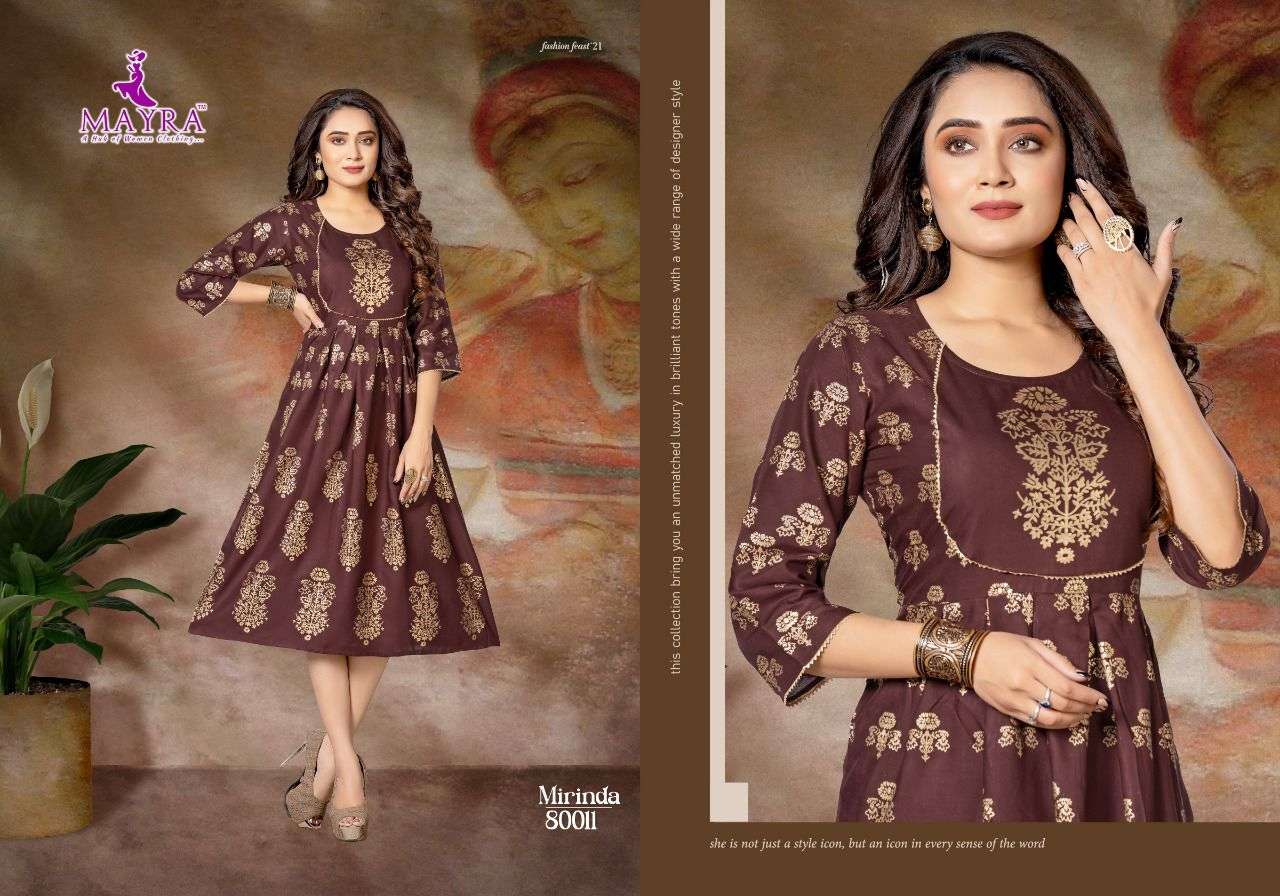 MIRINDA BY MAYRA 80009 TO 80016 SERIES DESIGNER STYLISH FANCY COLORFUL BEAUTIFUL PARTY WEAR & ETHNIC WEAR COLLECTION RAYON PRINT KURTIS AT WHOLESALE PRICE