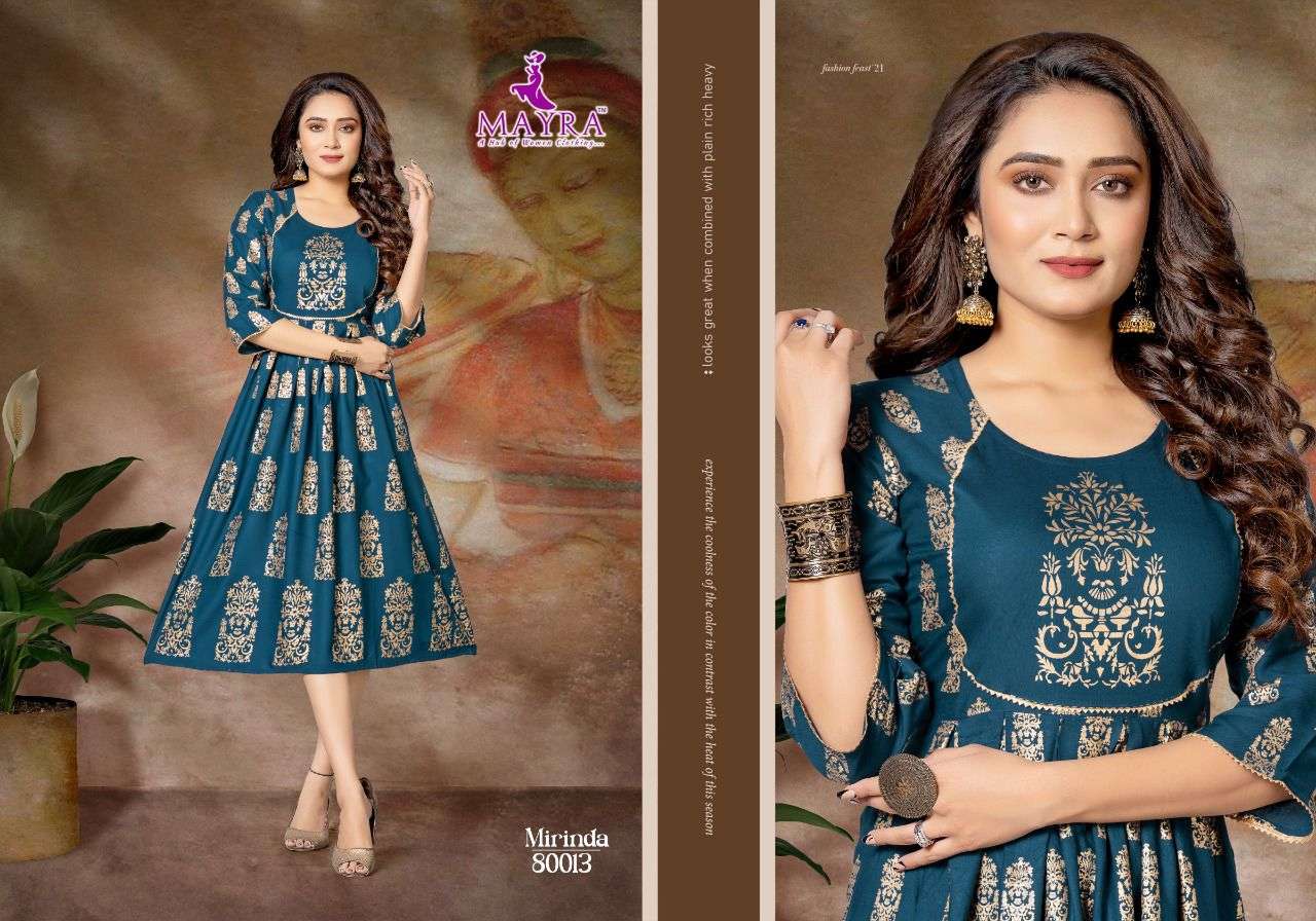 MIRINDA BY MAYRA 80009 TO 80016 SERIES DESIGNER STYLISH FANCY COLORFUL BEAUTIFUL PARTY WEAR & ETHNIC WEAR COLLECTION RAYON PRINT KURTIS AT WHOLESALE PRICE