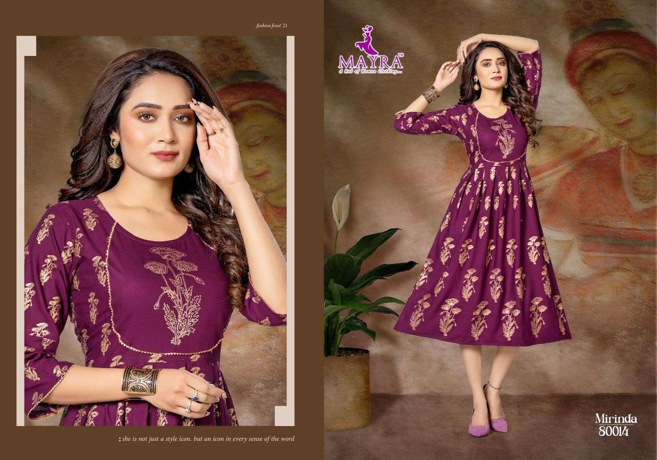 MIRINDA BY MAYRA 80009 TO 80016 SERIES DESIGNER STYLISH FANCY COLORFUL BEAUTIFUL PARTY WEAR & ETHNIC WEAR COLLECTION RAYON PRINT KURTIS AT WHOLESALE PRICE