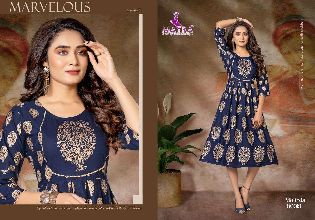 MIRINDA BY MAYRA 80009 TO 80016 SERIES DESIGNER STYLISH FANCY COLORFUL BEAUTIFUL PARTY WEAR & ETHNIC WEAR COLLECTION RAYON PRINT KURTIS AT WHOLESALE PRICE
