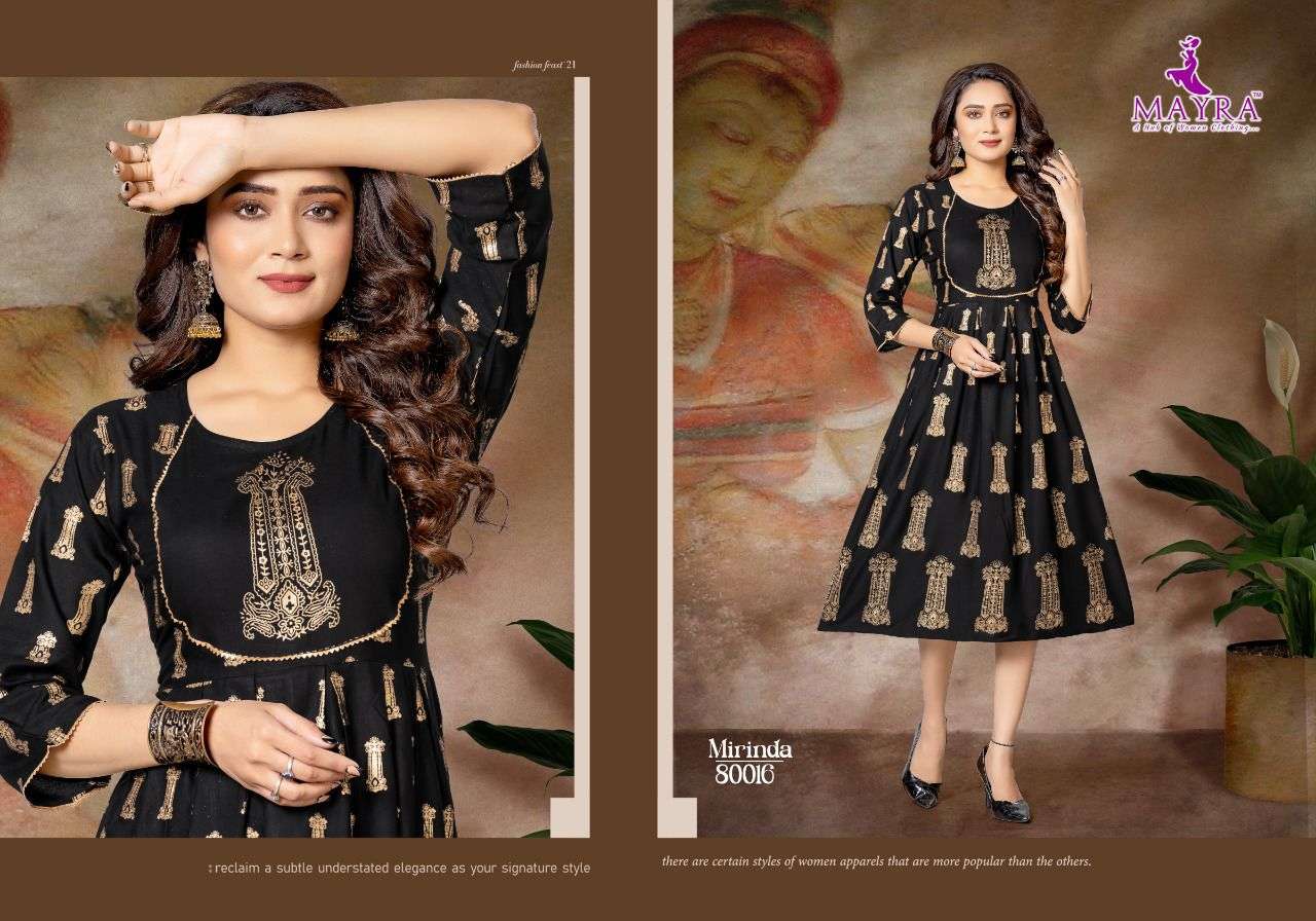 MIRINDA BY MAYRA 80009 TO 80016 SERIES DESIGNER STYLISH FANCY COLORFUL BEAUTIFUL PARTY WEAR & ETHNIC WEAR COLLECTION RAYON PRINT KURTIS AT WHOLESALE PRICE