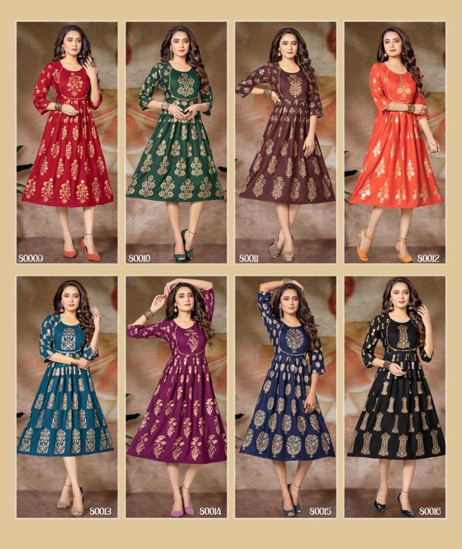 MIRINDA BY MAYRA 80009 TO 80016 SERIES DESIGNER STYLISH FANCY COLORFUL BEAUTIFUL PARTY WEAR & ETHNIC WEAR COLLECTION RAYON PRINT KURTIS AT WHOLESALE PRICE