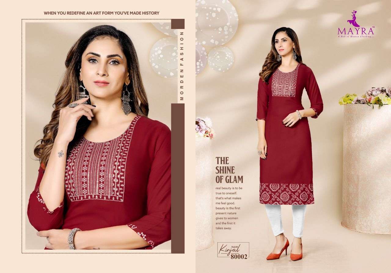 KINJAL VOL-2 BY MAYRA 80001 TO 80008 SERIES DESIGNER STYLISH FANCY COLORFUL BEAUTIFUL PARTY WEAR & ETHNIC WEAR COLLECTION RAYON EMBROIDERED KURTI AT WHOLESALE PRICE