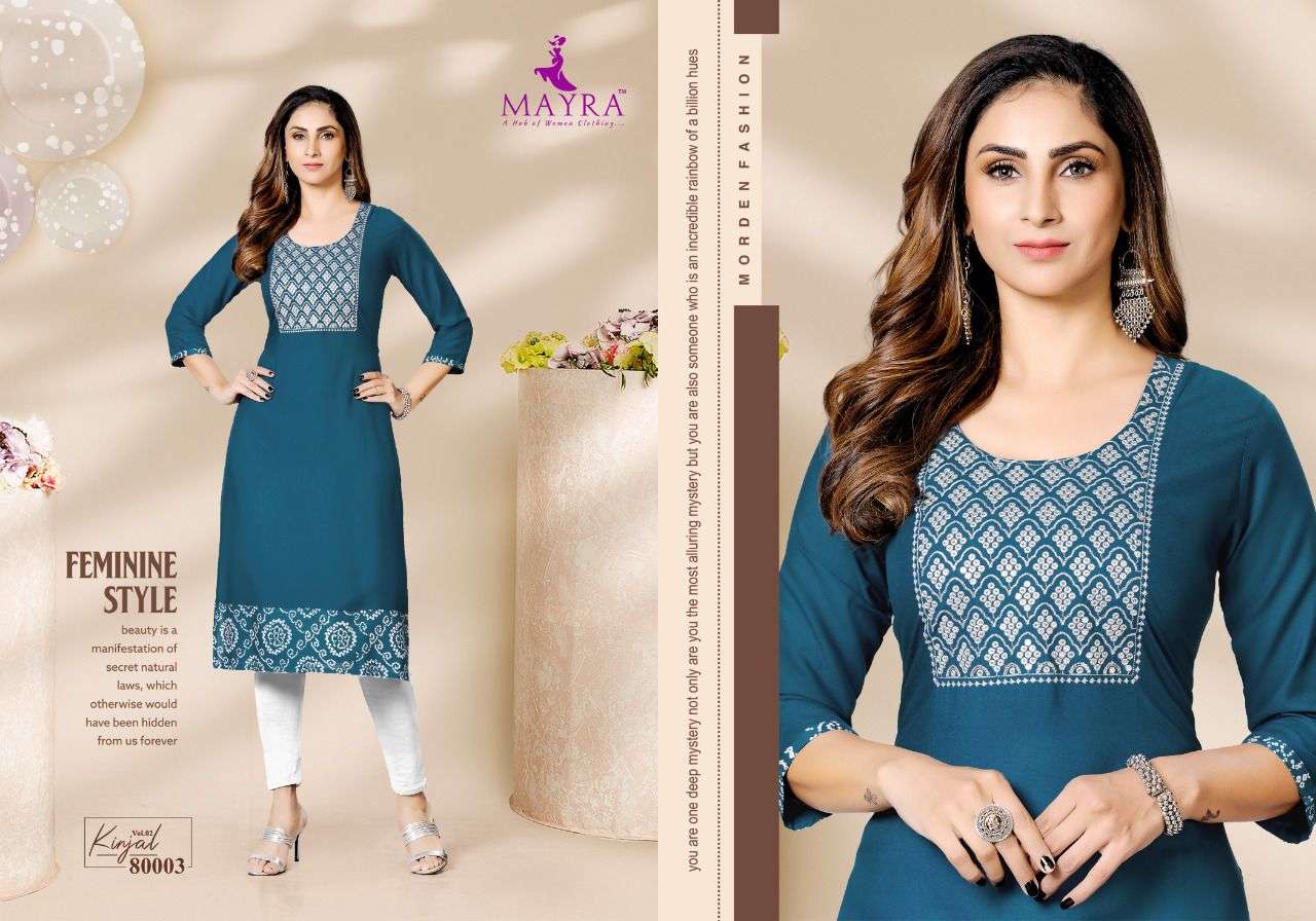 KINJAL VOL-2 BY MAYRA 80001 TO 80008 SERIES DESIGNER STYLISH FANCY COLORFUL BEAUTIFUL PARTY WEAR & ETHNIC WEAR COLLECTION RAYON EMBROIDERED KURTI AT WHOLESALE PRICE