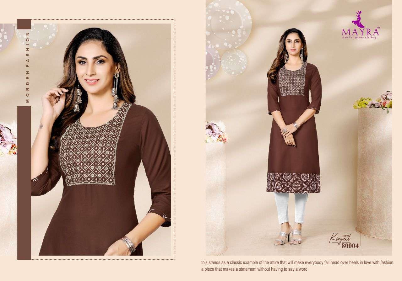 KINJAL VOL-2 BY MAYRA 80001 TO 80008 SERIES DESIGNER STYLISH FANCY COLORFUL BEAUTIFUL PARTY WEAR & ETHNIC WEAR COLLECTION RAYON EMBROIDERED KURTI AT WHOLESALE PRICE