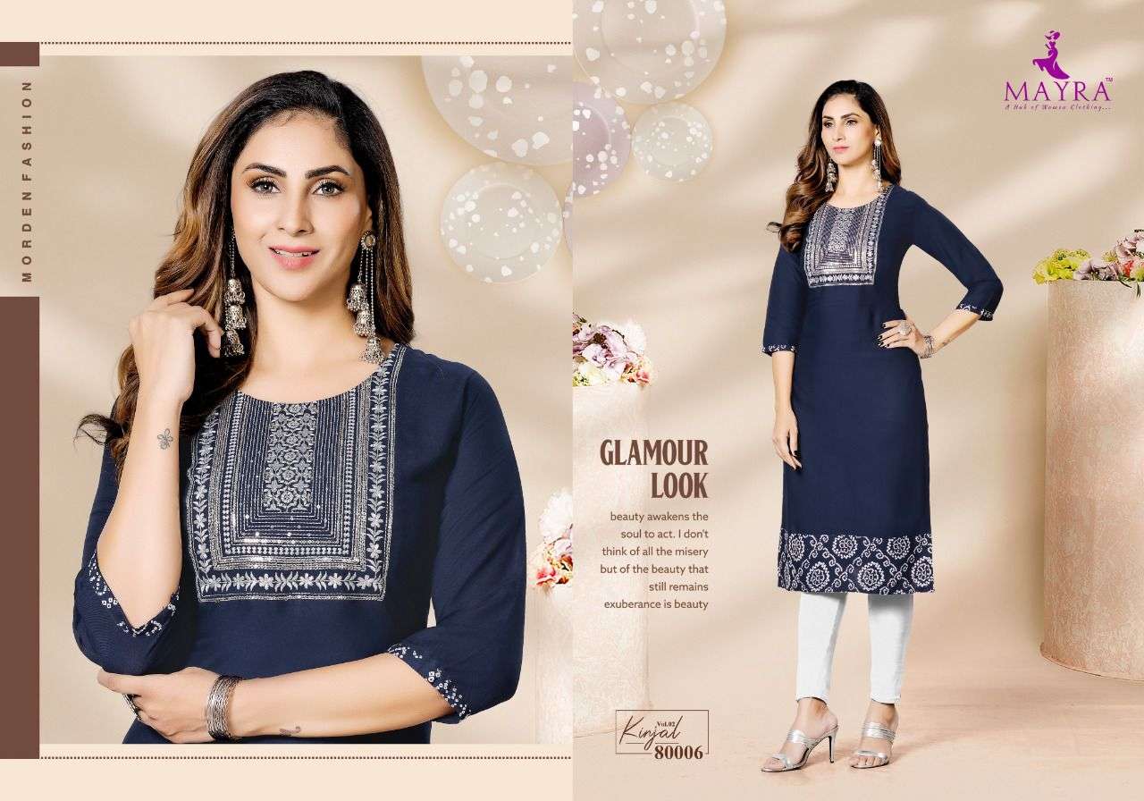 KINJAL VOL-2 BY MAYRA 80001 TO 80008 SERIES DESIGNER STYLISH FANCY COLORFUL BEAUTIFUL PARTY WEAR & ETHNIC WEAR COLLECTION RAYON EMBROIDERED KURTI AT WHOLESALE PRICE