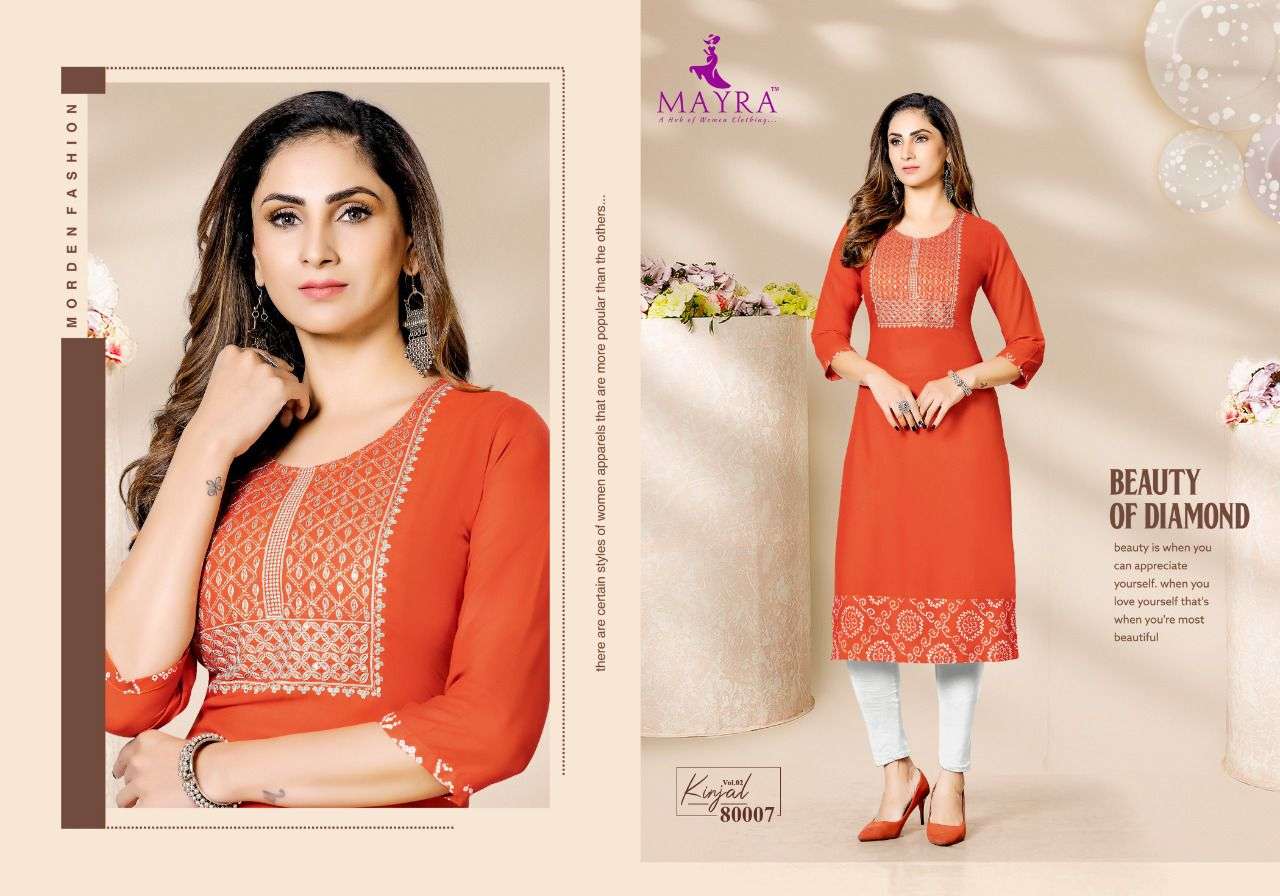 KINJAL VOL-2 BY MAYRA 80001 TO 80008 SERIES DESIGNER STYLISH FANCY COLORFUL BEAUTIFUL PARTY WEAR & ETHNIC WEAR COLLECTION RAYON EMBROIDERED KURTI AT WHOLESALE PRICE